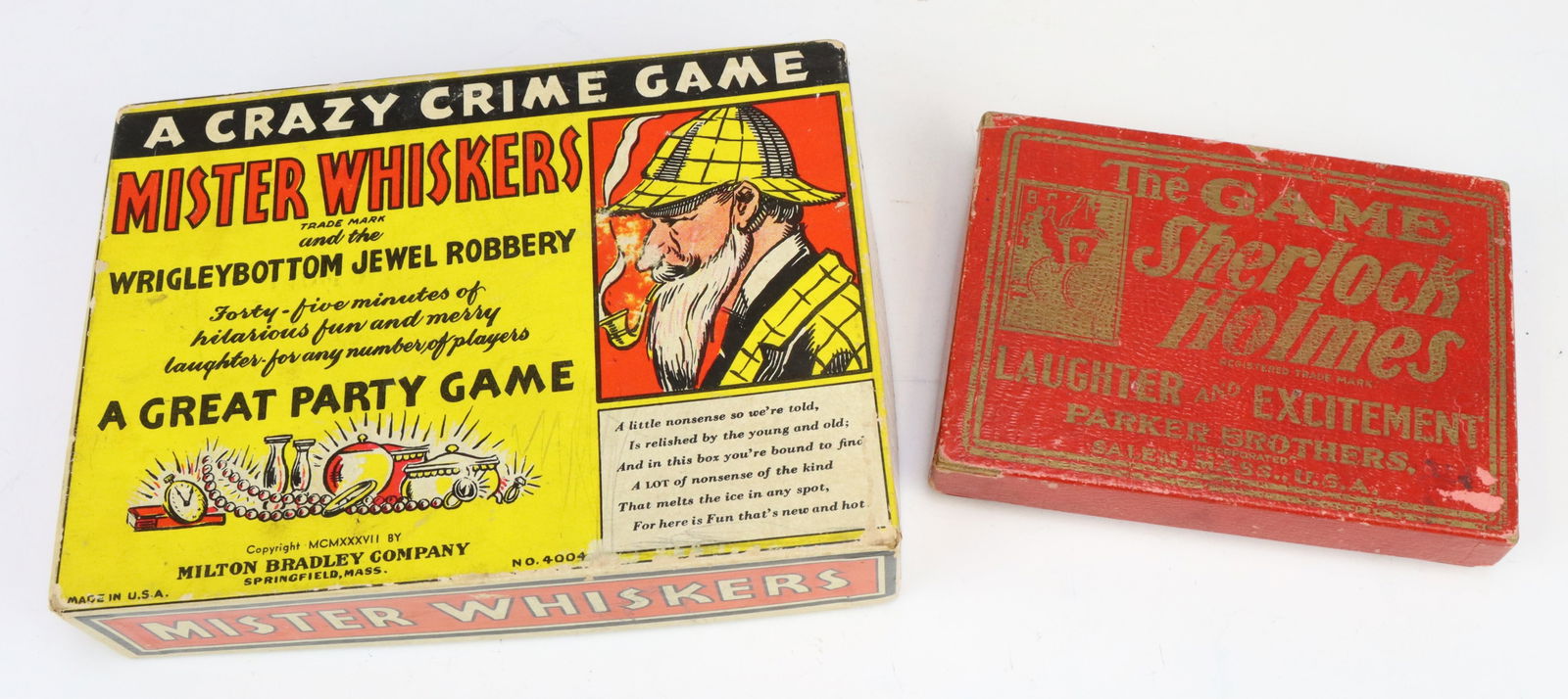 Vintage Games: Milton Bradley Mister Whiskers Crazy Crime Party Game, 1937, original box and accessories. Parker Brothers Game of Sherlock Holmes, 1904, original box. Wear to boxes from age and play. Larger 1.25&rdq