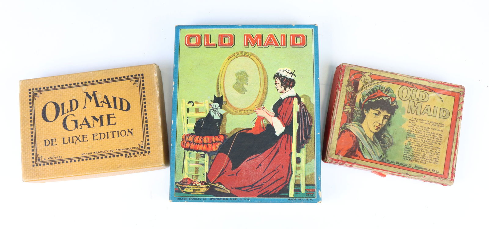 Old Maid Card Games: Milton Bradley Old Maid card games (3), various years and publishing, original boxes, wear from age and use. Largest box 1”h x 5.75”w x 6.75”d