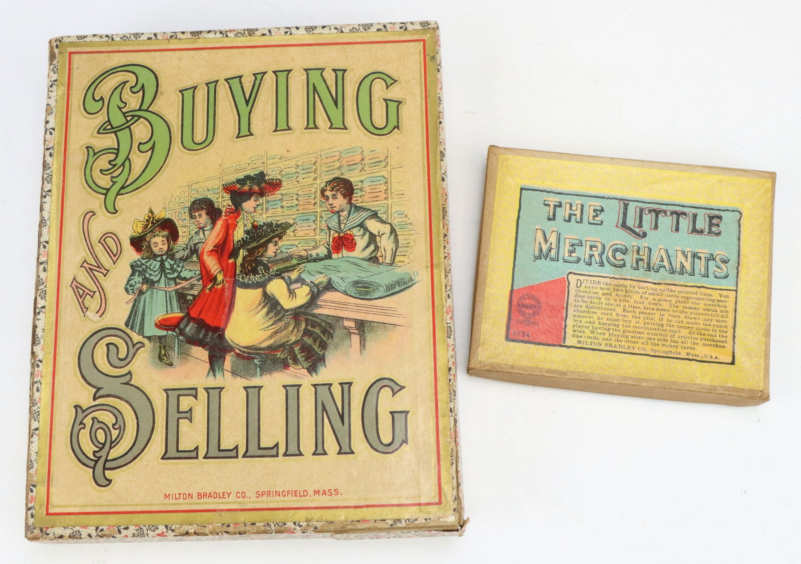 Merchant-Themed Vintage Games: Milton Bradley Buying and Selling game, early 1900's, original box and accessories. Milton Bradley The Little Merchant game, 1860's, original box. Wear to boxes from age and play. 1.5”h x 6.75&r