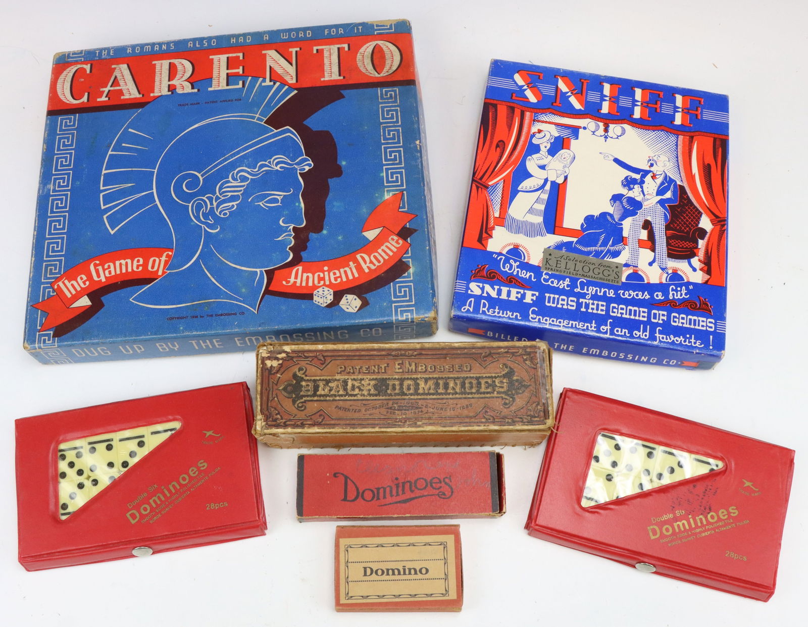 Vintage Domino & Assorted Games: The Embossing Company vintage games, includes Carento, Game of Ancient Rome and Sniff, original boxes. Assorted vintage Domino game sets, varying ages (5). All show wear from age and play. Carento box