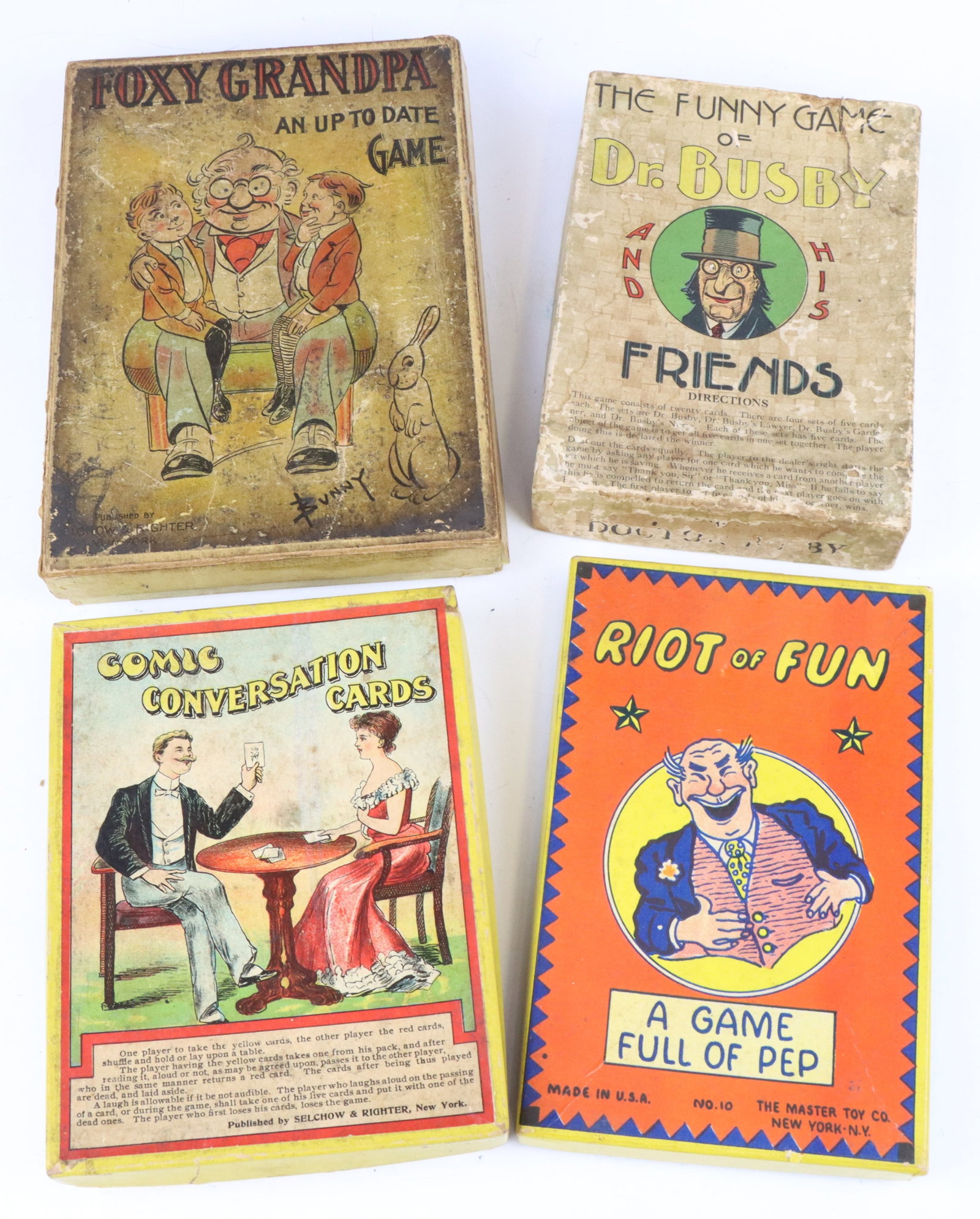 Antique Games: Funny Game of Dr. Busby, c. 1840, original box. Master Toy Company Riot of Fun game,1926, original box. Foxy Grandpa game, Selchow and Righter, 1902, original box. Comic Conversation Cards game, Selch