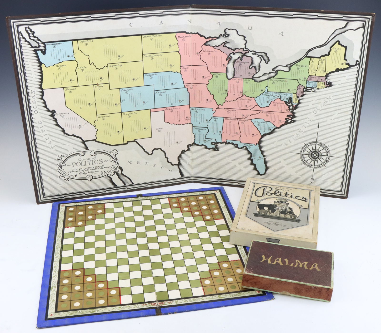 Vintage Board Games: Game of Politics by Parker Brothers, 1935 and Halma by E.I. Horsman Co. 1885. Both include original boxes for game pieces, wear from age and play. Politics board 14.75”w x 17”d (closed)