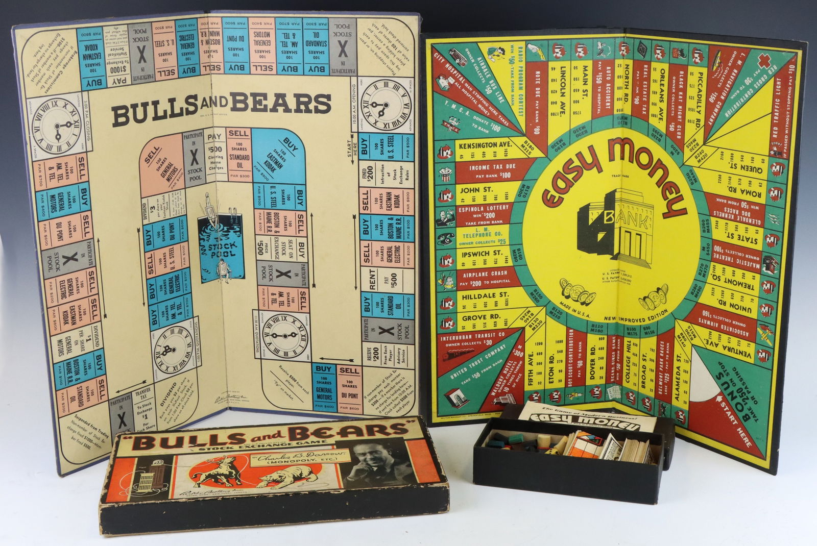 Bulls and Bears & Easy Money Board Games: Parker Brothers 1930's Bulls and Bears Stock Exchange game with original board, box and game pieces and Milton Bradley Easy Money game with original board and box. Both show wear from age and play. Bu
