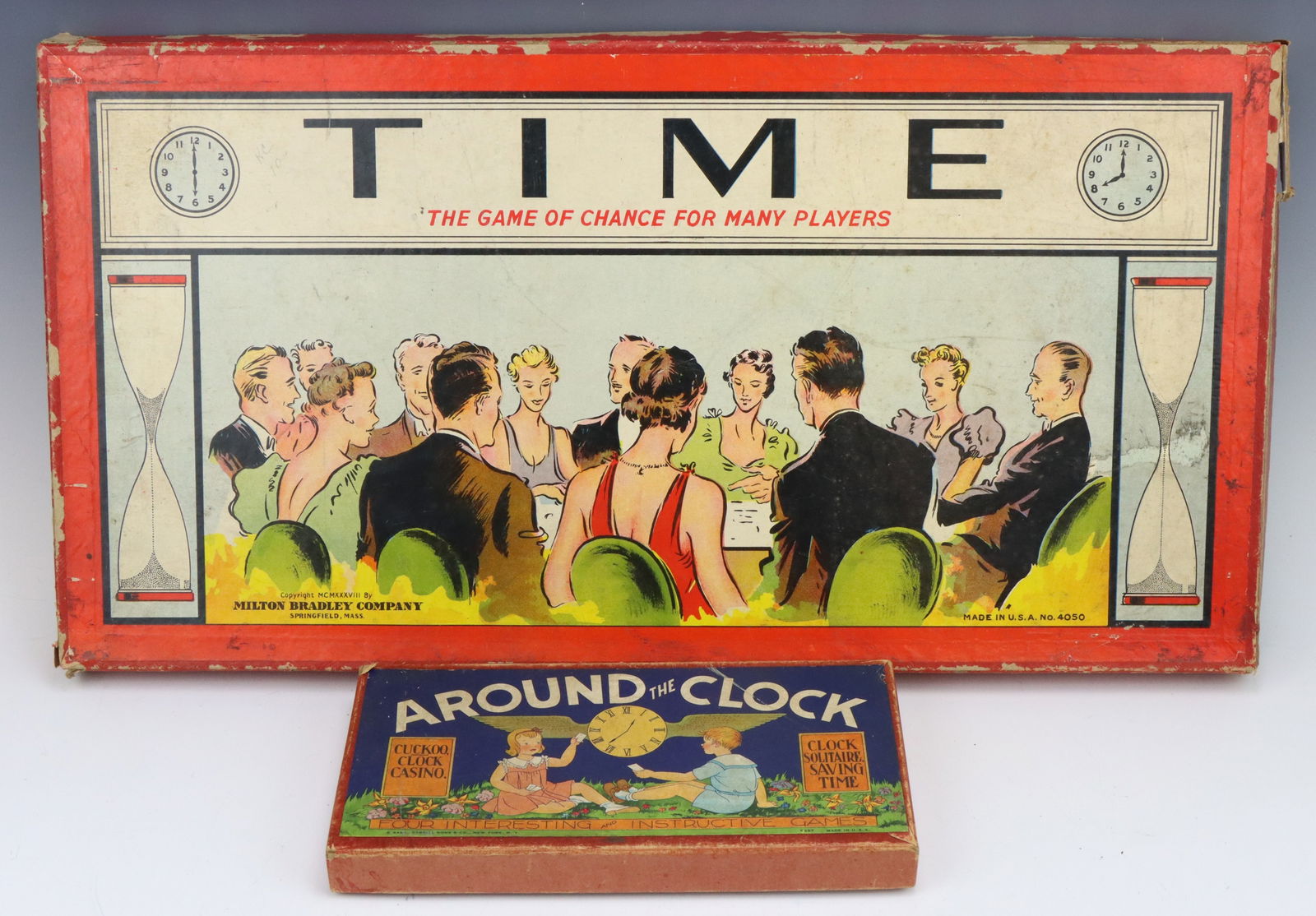 Vintage Games: Milton Bradley Time: A Game of Chance, 1972, original box, board, accessories. Around the Clock, time-themed educational game, original box, cards. Wear to both from age and play. Larger 1.25”h