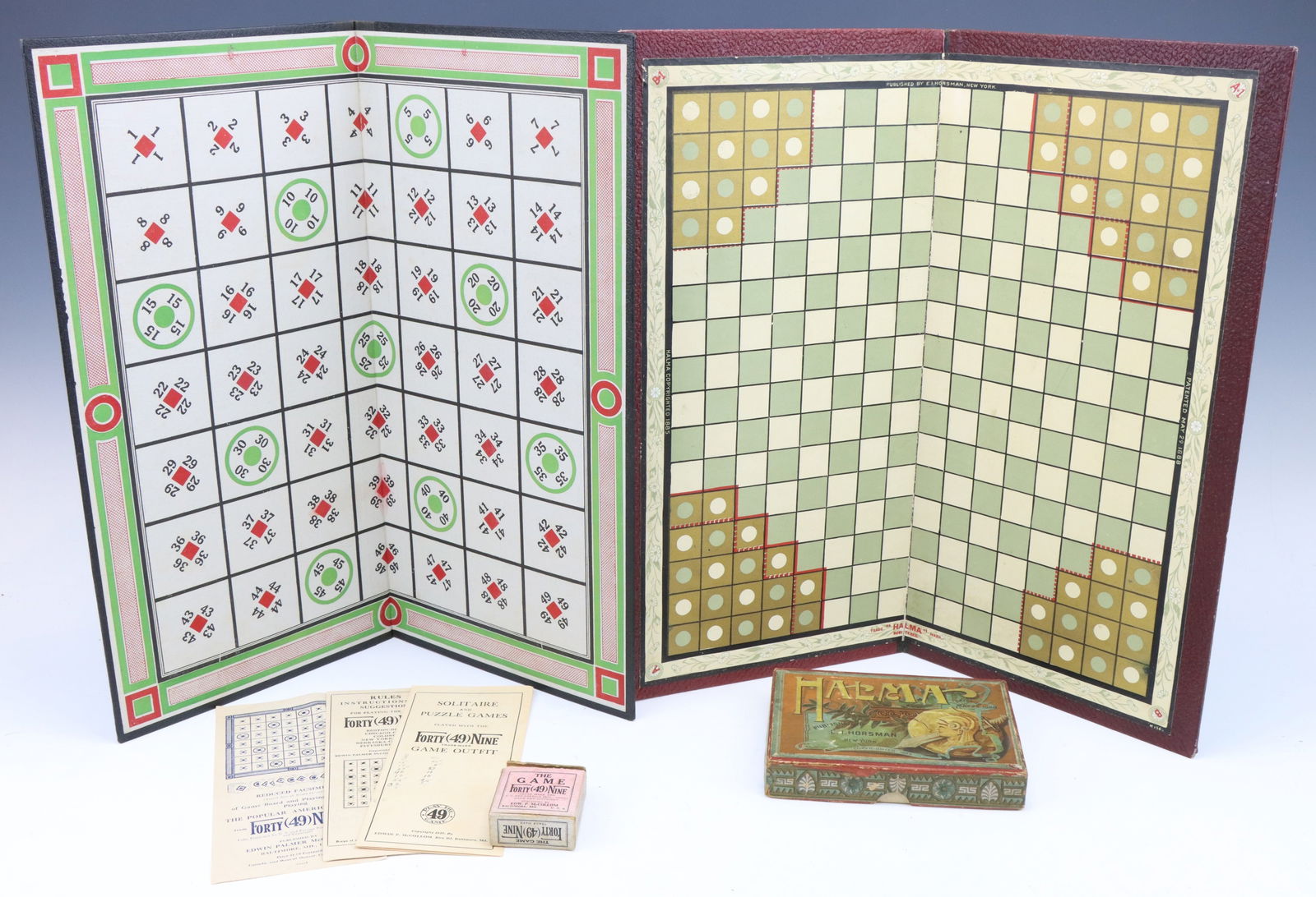 Vintage Games: The Game of Forty Nine by Edwin Palmer McCollom and Halma by E.I. Horsman,1885. Halma game includes original box for game pieces, wear from age and play. Halma board 16”h x 16”