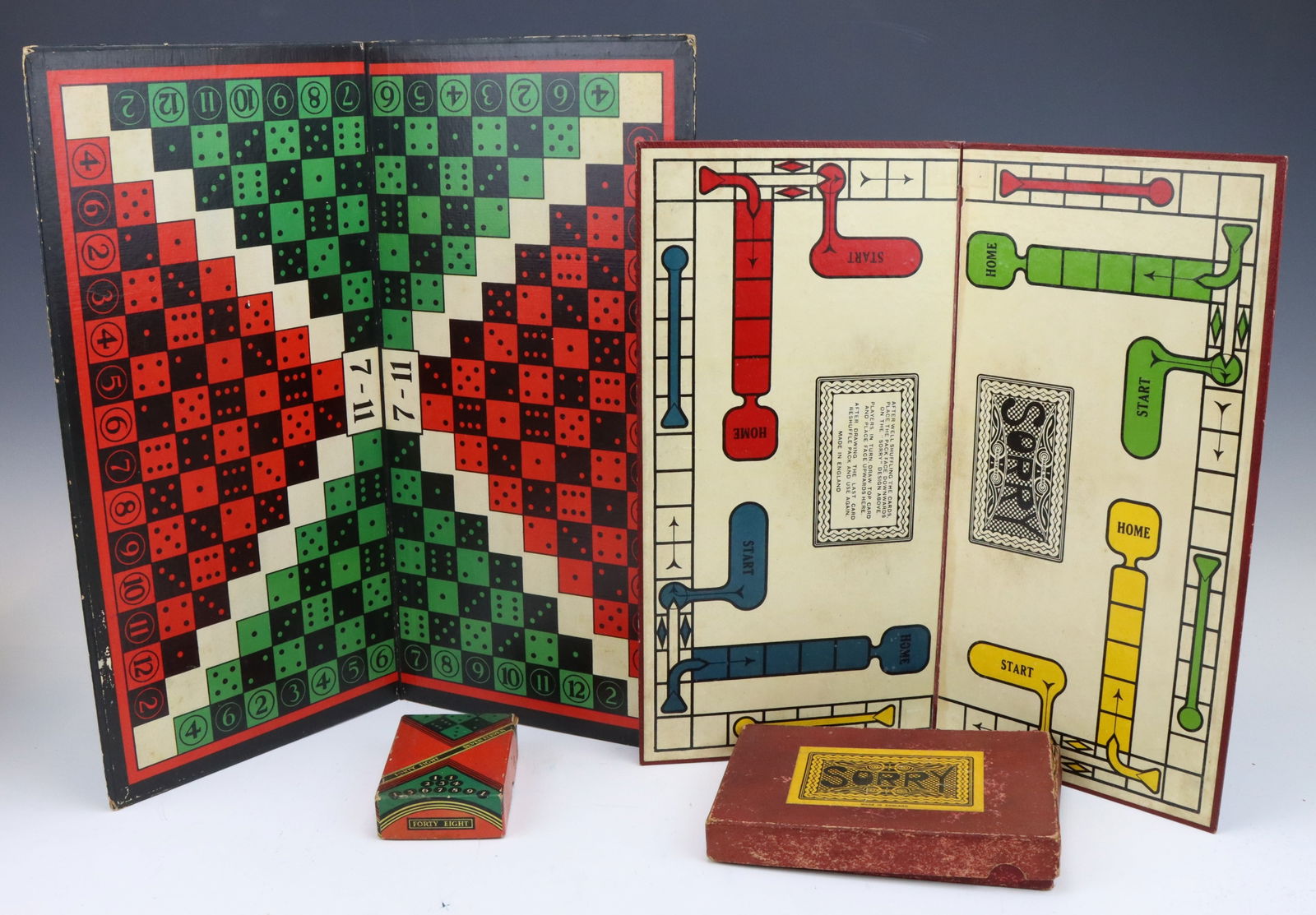 Vintage Board Games: Forty Eight board game by Jackbilt Playthings and Parker Brothers Sorry game,1932. Both include original boxes for game pieces, shows wear from age and play. Larger board 17” x 17”