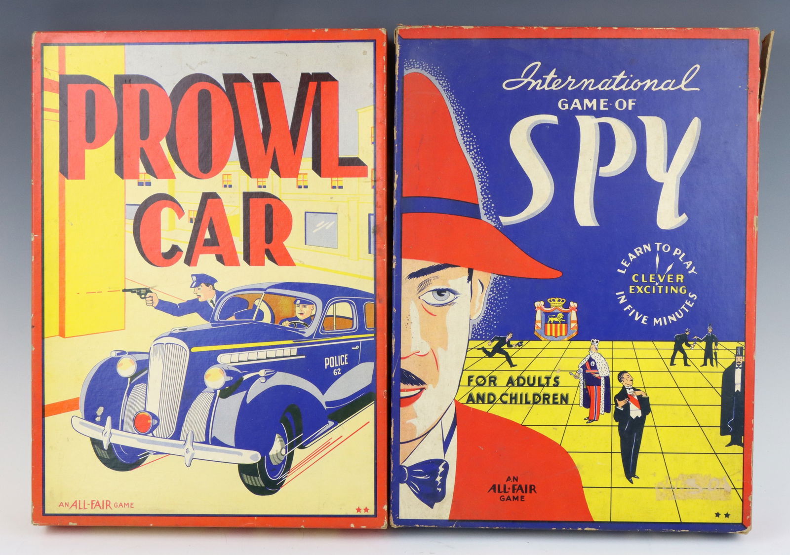 Vintage Fairchild Games: E.E. Fairchild Corporation 1940's Prowl Car game with metal car pieces and original game board and International Game of Spy with original board, pieces and box. Both have wear from age and play. Boxe