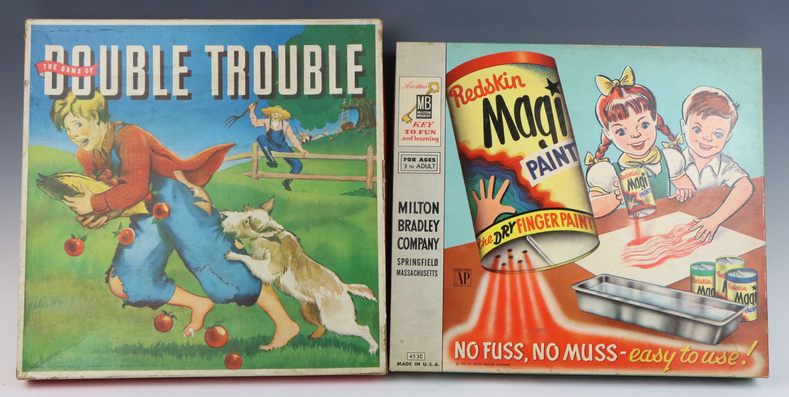 Vintage Games: Whitman Publishing Double Trouble game with original game board and box and Milton Bradley's Redskin Magi dry finger paint set, 1950's. Both include original boxes, wear from age and play. Double Trou