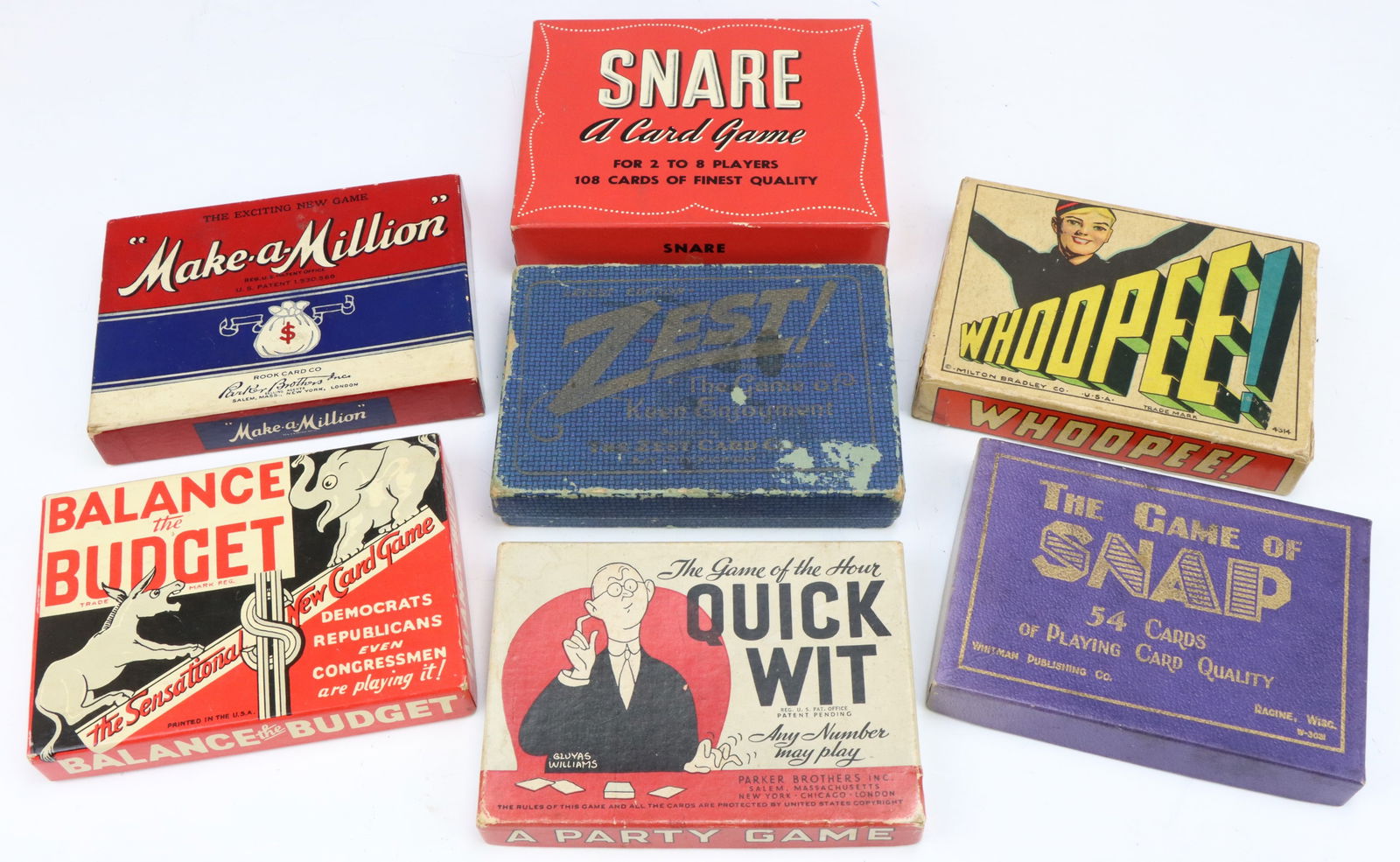 Assorted Vintage Card Games: Make-a-Million Parker Brothers card game, Snare card game, Milton Bradley's Whoopee! card game 1929 with original box, Balance the Budget 1938 card game with original box, Whitman Publishing The Game