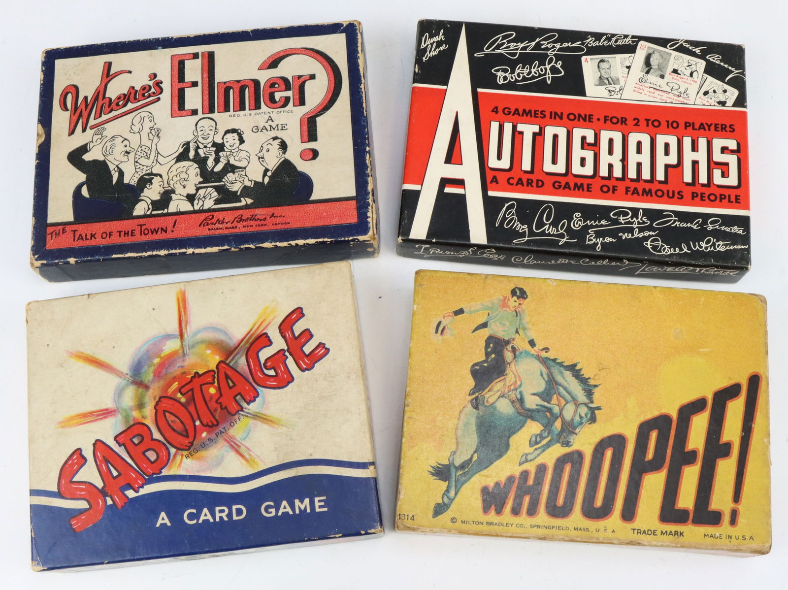 Assorted Vintage Card Games: Milton Bradley Whoopee! 1929 card game, Anderson & Sons Sabotage 1943 card game, The Leister Game Co Autographs card game and Parker Brothers Where's Elmer card game circa 1930's. All have original bo