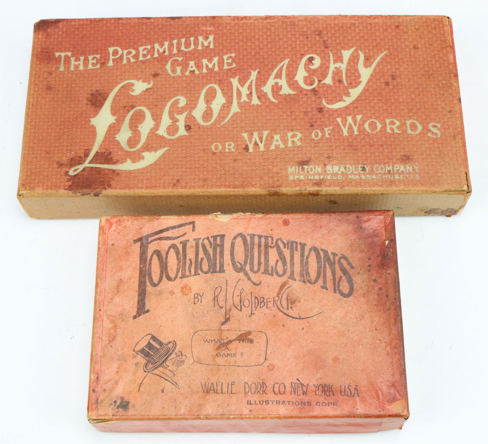 Vintage Word Games: Vintage educational word style games, including Logomachy, box 1”h x 8.5”w x 4”d. Original boxes show wear from age and play.