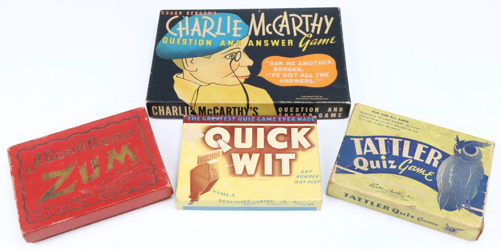 Charlie McCarthy & Quiz-Themed Games: Whitman Publishing Edgar Bergen's Charlie McCarthy Question and Answer game, original box, 1”h x 8.25”w x 5.5”d, 1938. Assorted quiz style games (3), original boxes. Wear to all from