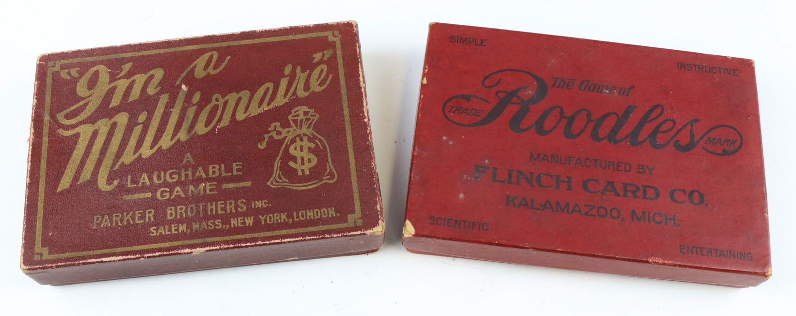 Vintage Games: I'm a Millionaire, Parker Brothers game, 1907 and Game of Roodles by Flinch Card Company, 1913, original boxes, wear from age and play. Roodles box 1”h x 5.75”w x 4”d