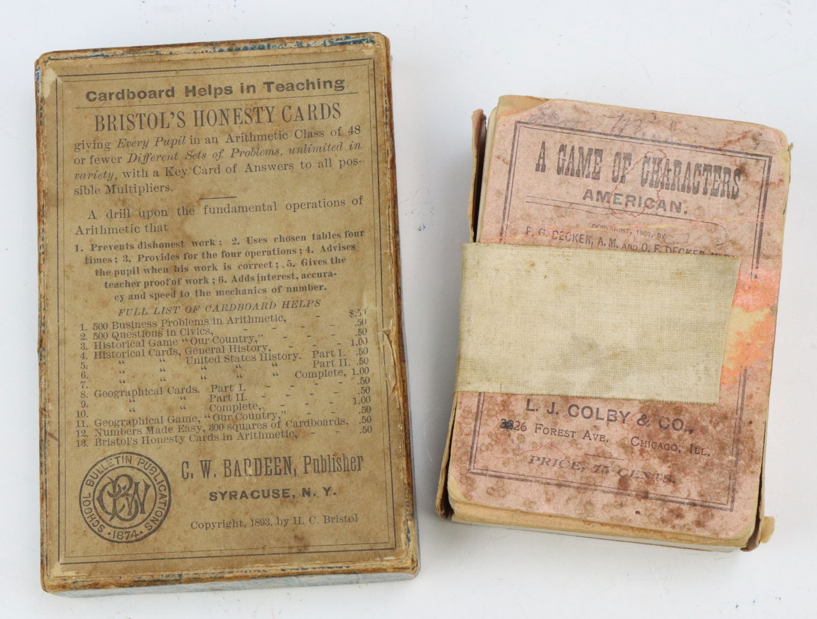 Antique Card Games: Bristol's Honesty Cards by C.W. Bardeen,1893 with original box and L.J. Colby & Co A Game of Characters, 1889. Both show wear from age and play. Honesty card box measures 0.75”h x 3”w x 5&