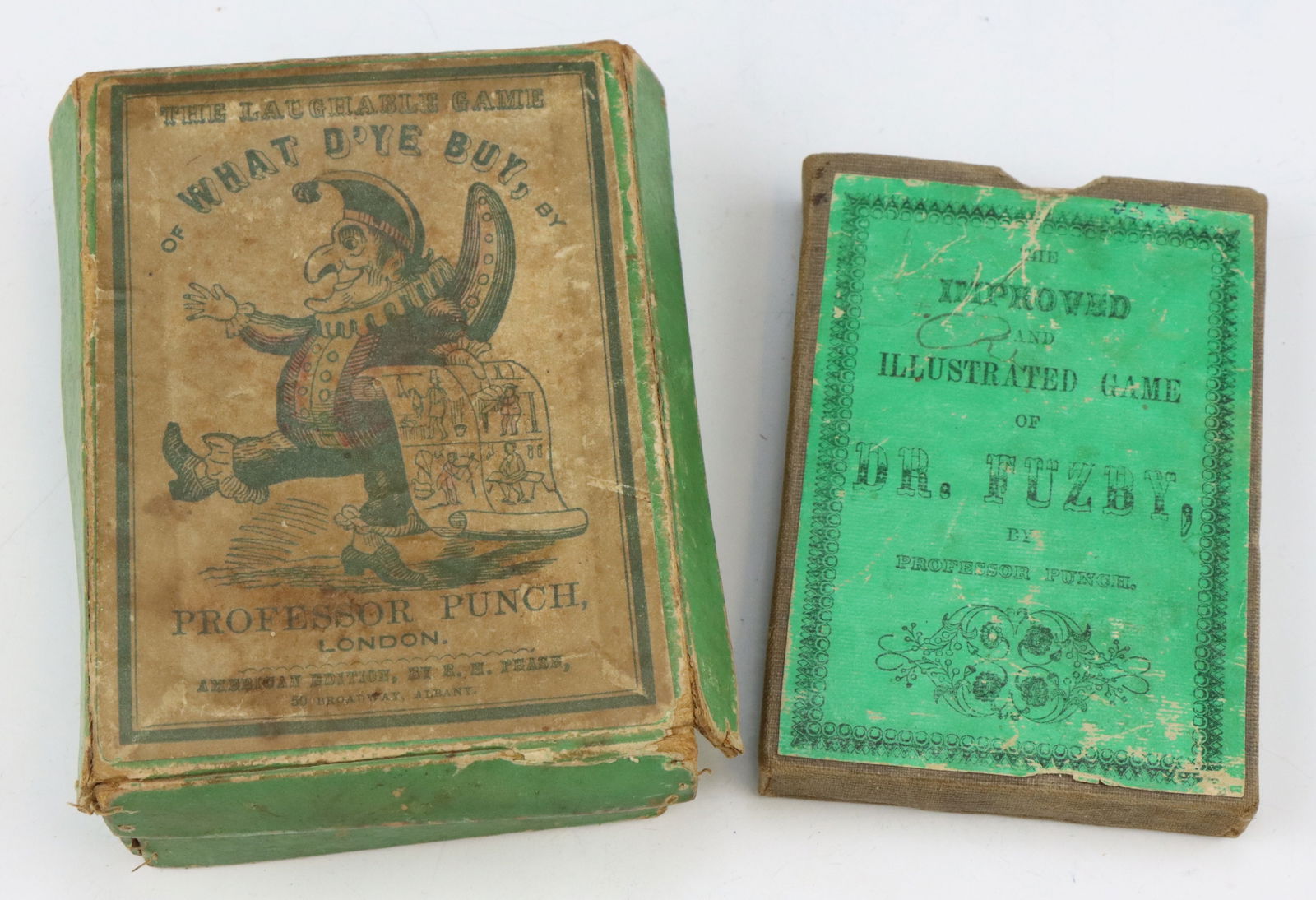 Antique Professor Punch Card Games: Antique Professor Punch, E.H. Pease, 19th century card games, includes What D’ye Buy and Dr. Fuzby, lithograph printed covers on original boxes and cards, both show wear from age and play. box 1.5&r