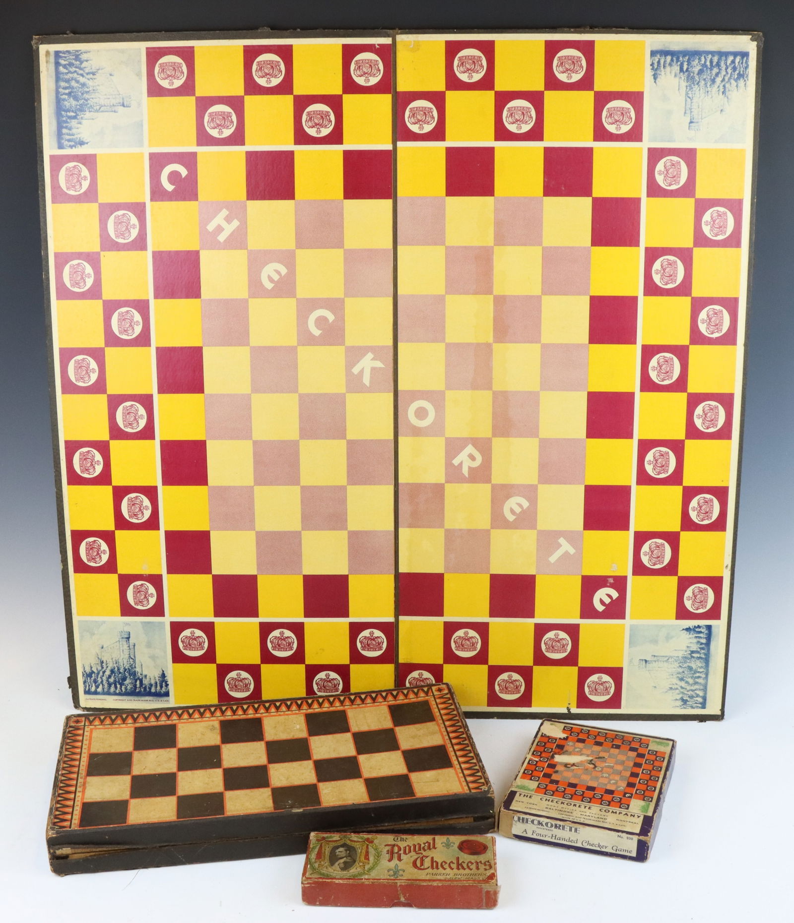 Vintage Checker Games & Boards: Parker Brothers Royal Checkers boxed checker game pieces, original box, Napoleon illustration on box cover. Checkorete Set No. 200, includes checker board and boxed checker pieces, original box and bo