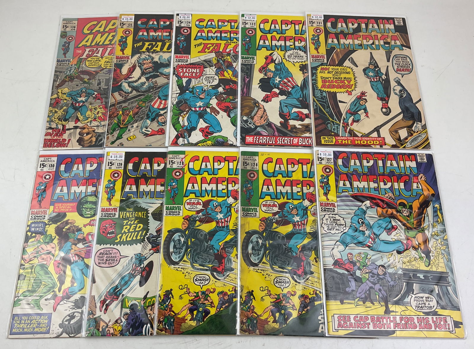 Captain America Comics: (10) Captain America Comics including #127, (2) #128, #129-#132, #134-#136. Condition varies.