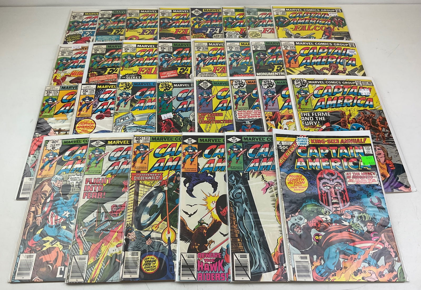 Captain America Comics: (30) Captain America Comics including #208-#229, #231-#233, #235, #237-#239 , and King sized #4. Condition varies.