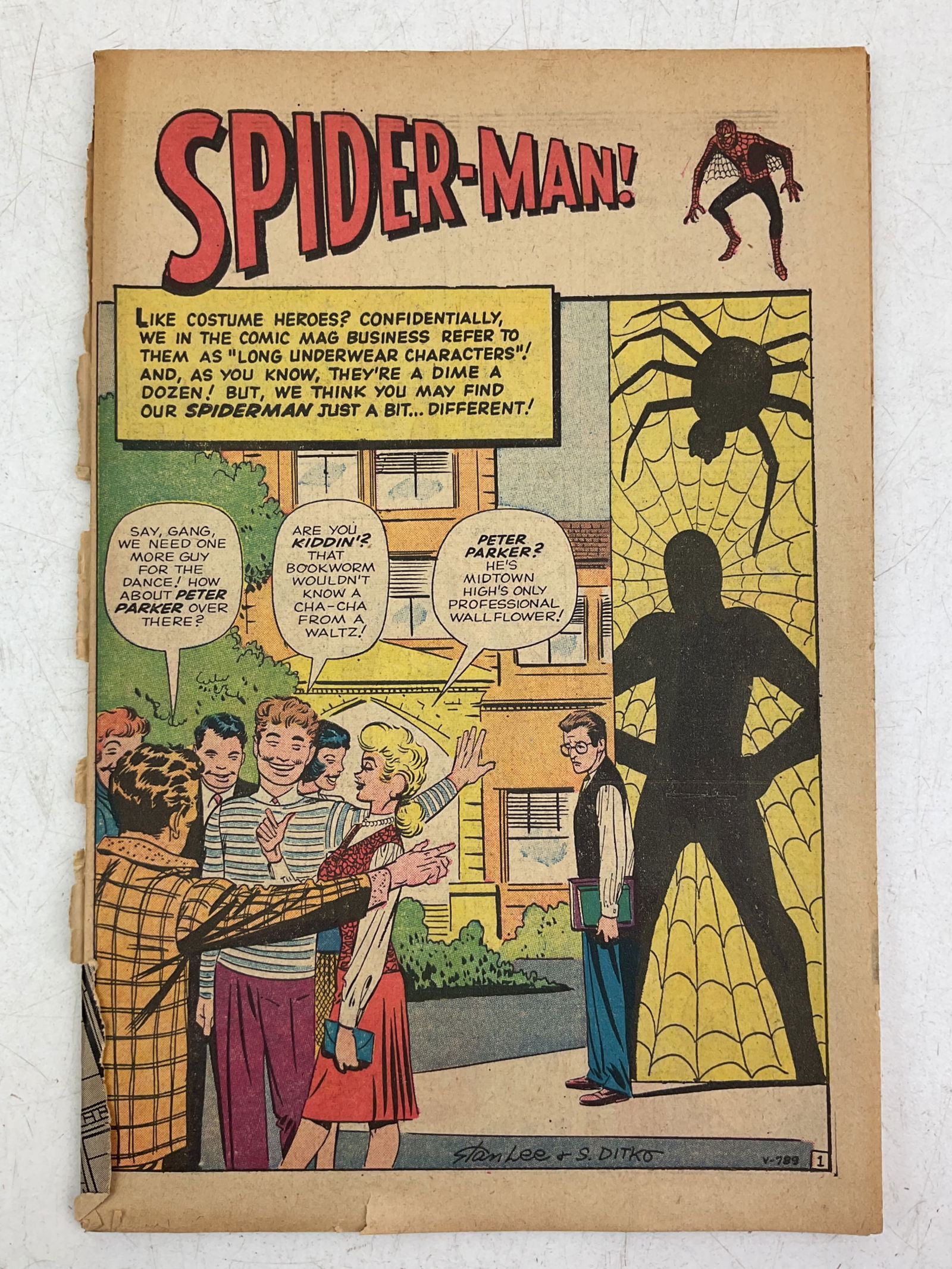 Amazing Fantasy #15 Coverless, 1st App. Spiderman: Marvel Comics, Amazing Fantasy #15, missing cover. Origin and 1st appearance of Spiderman (Peter Parker), Uncle Ben and Aunt May