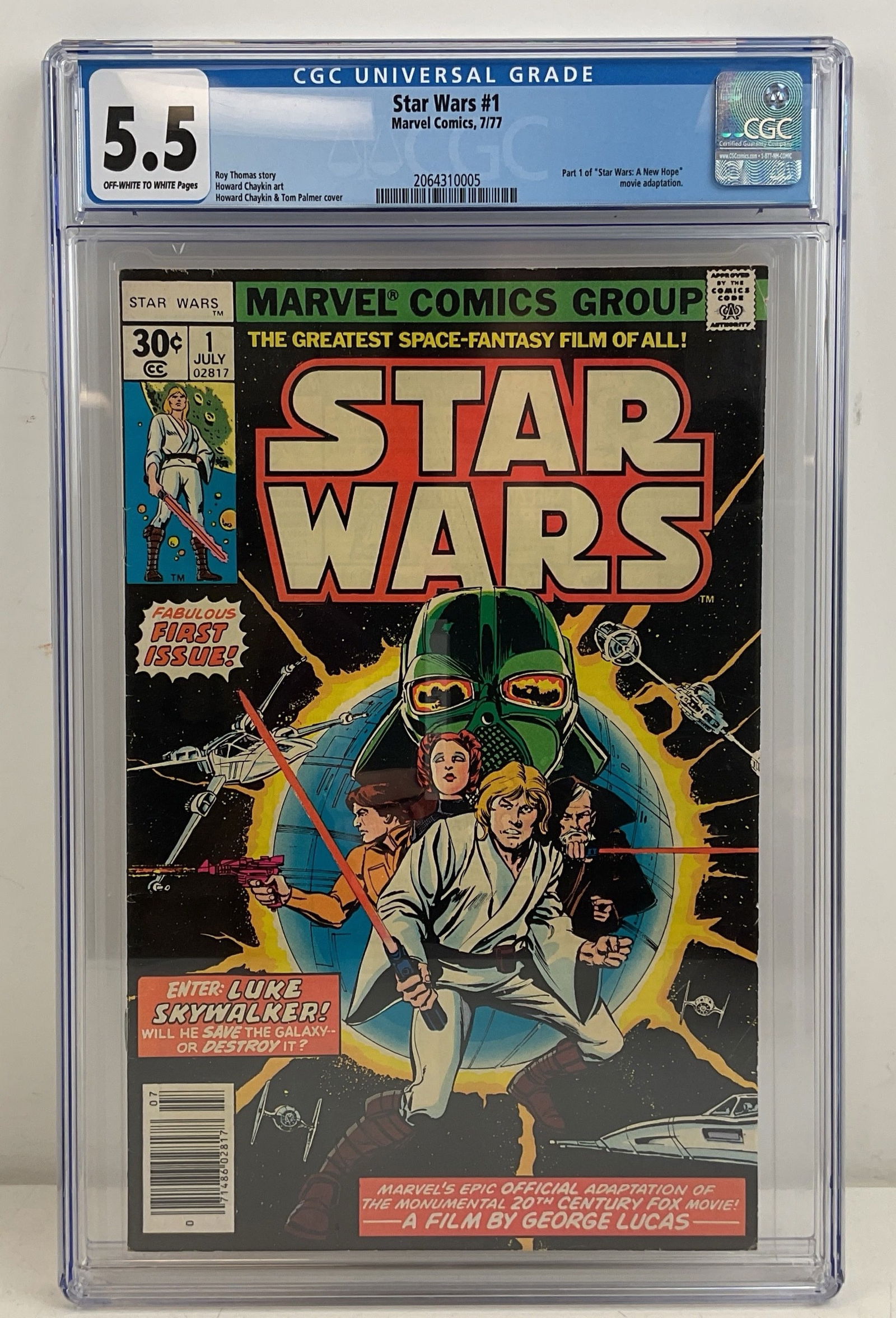 Star Wars #1 CGC 5.5: Marvel Comics Star Wars #1 CGC 5.5. July, 1977. Off-White to White pages. First appearance of Luke Skywalker, Leia Organa, C-3PO, R2-D2 and Darth Vader. First cover appearance of Han Solo and Obi-Wan