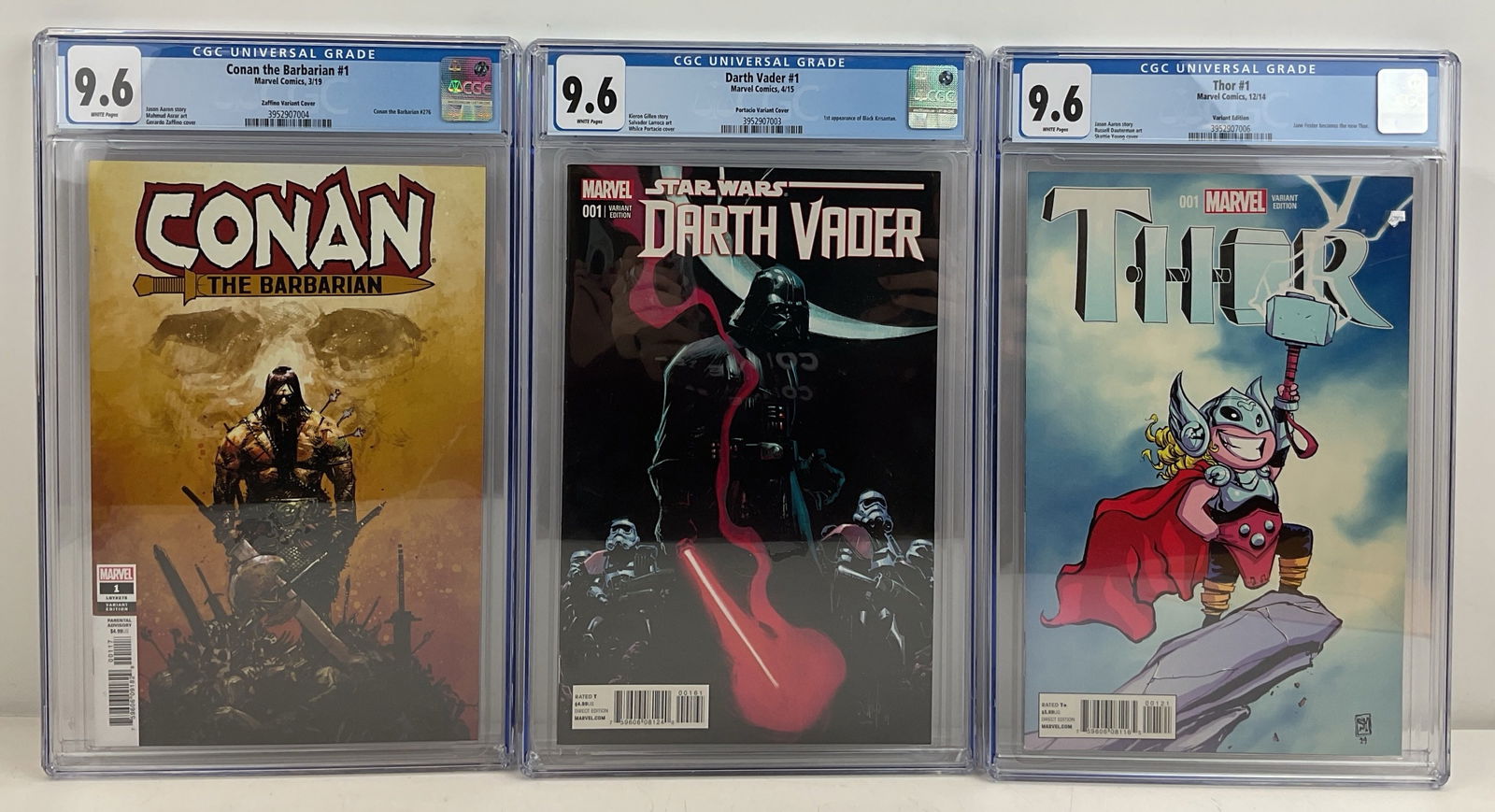 Conan The Barbarian #1, Darth Vader #1, Thor #1 All CGC: (3) Marvel Comics. Conan The Barbarian #1 CGC 9.6, white pages, 3/19. Darth Vader #1 CGC 9.6, white pages, 4/15. Thor #1 CGC 9.6, white pages, 12/14.