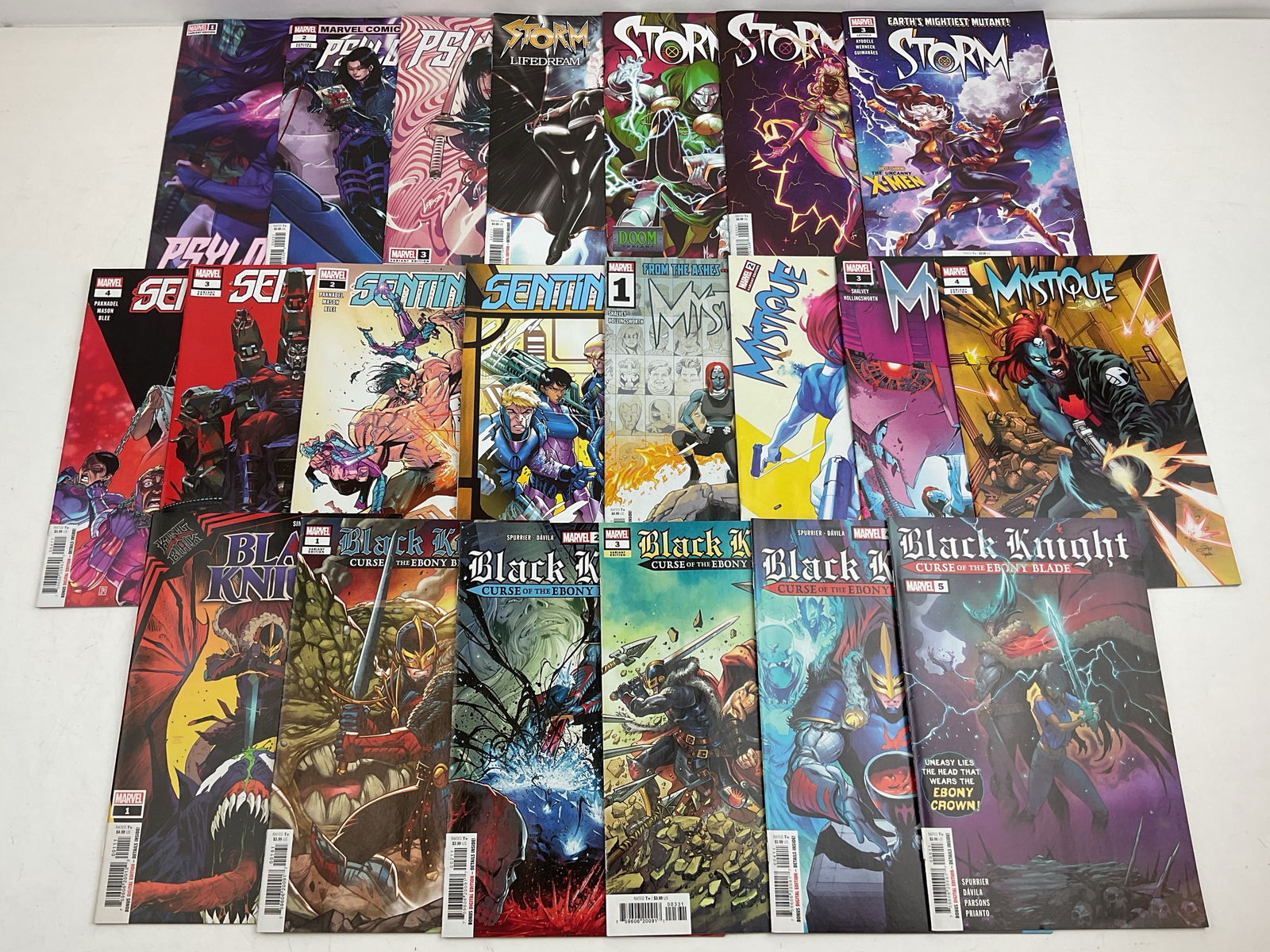Marvel Comic Book Assortment: (21) Assorted Marvel Comics including, (6) Black Knight, (4) Mystique, (3) Psylocke, (4) Sentinels, (4) Storm. Condition varies,