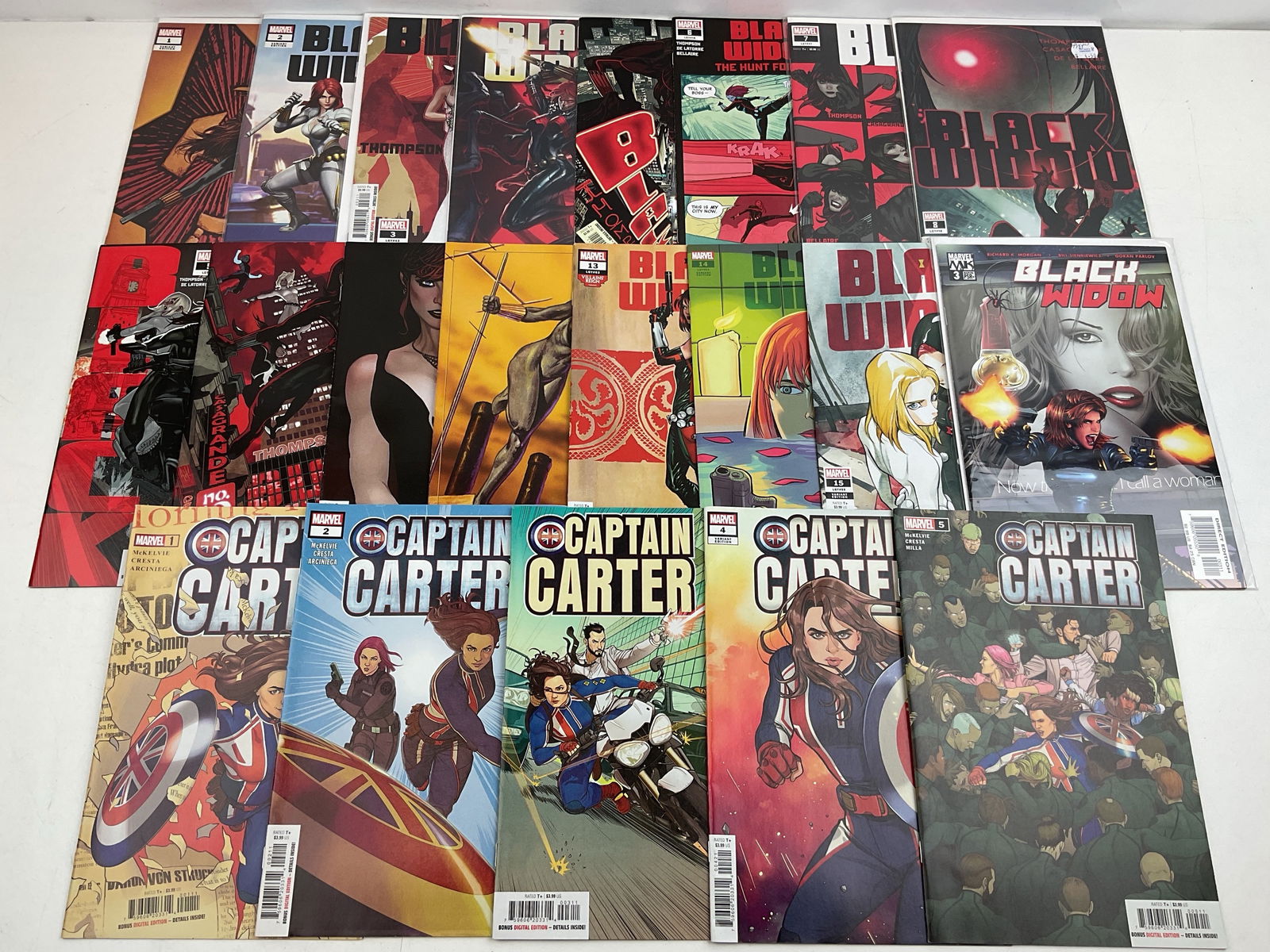 Captain Carter and Black Widow Comics: (21) Assorted Marvel Comics including (16) Black Widow and (5) Captain Carter. Condition varies.