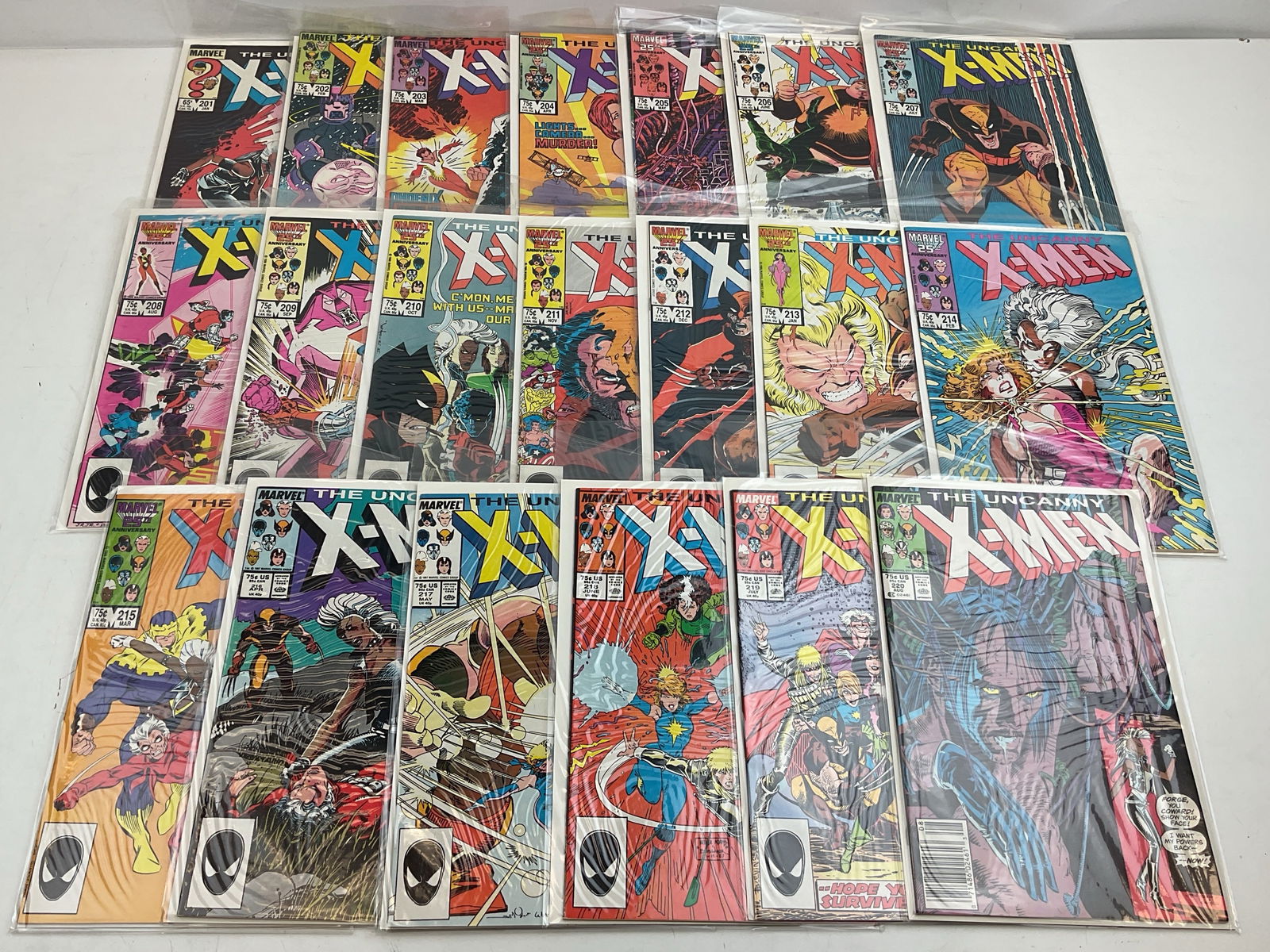 X-Men Comics: (20) Marvel X-Men Comics including #201-#220. Condition varies.