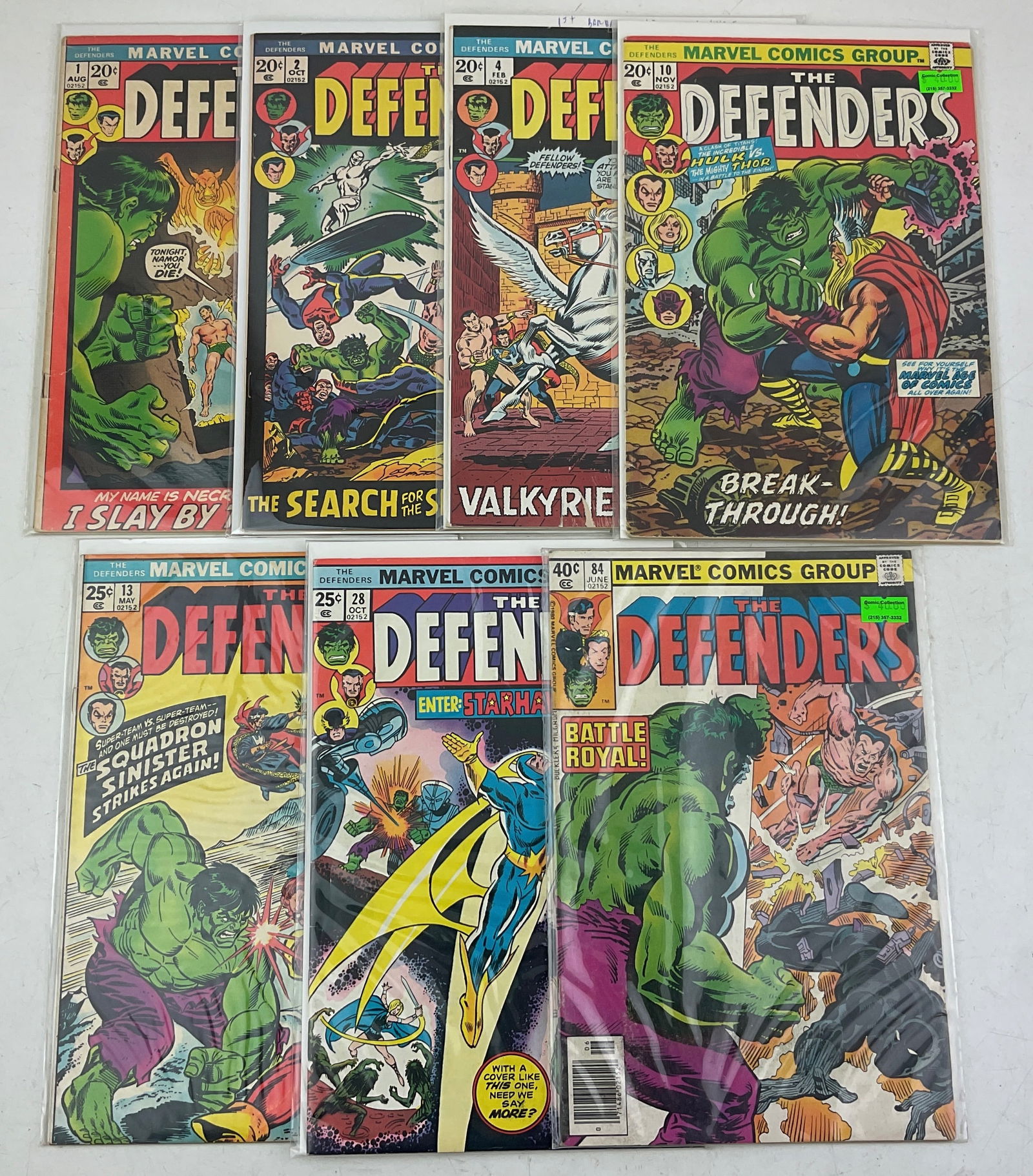 The Defenders Comics: Marvel,The Defenders #1,#2, #4, #10, #13, #28, and #84. Condition varies.