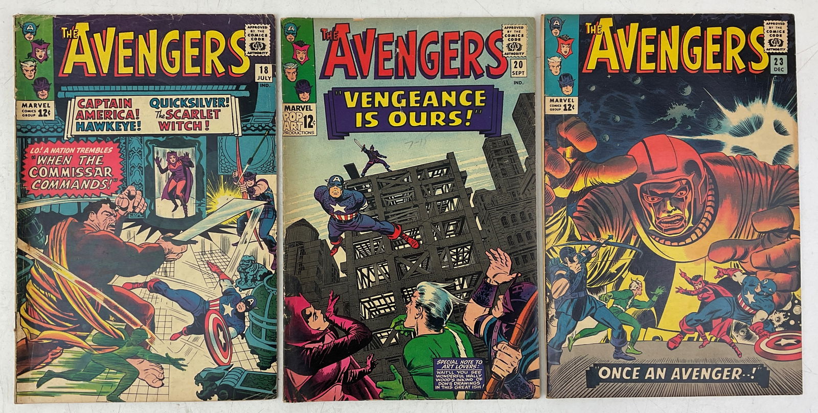 The Avengers Comics: Marvel Comics, The Avengers #18, #20, and #23. Condition varies.