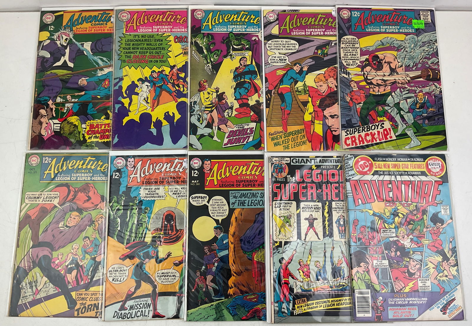 Adventure Comics: Assorted DC Adventure Comics including #366, #367, #370-#374, #380, #403, and #461. Condition varies.