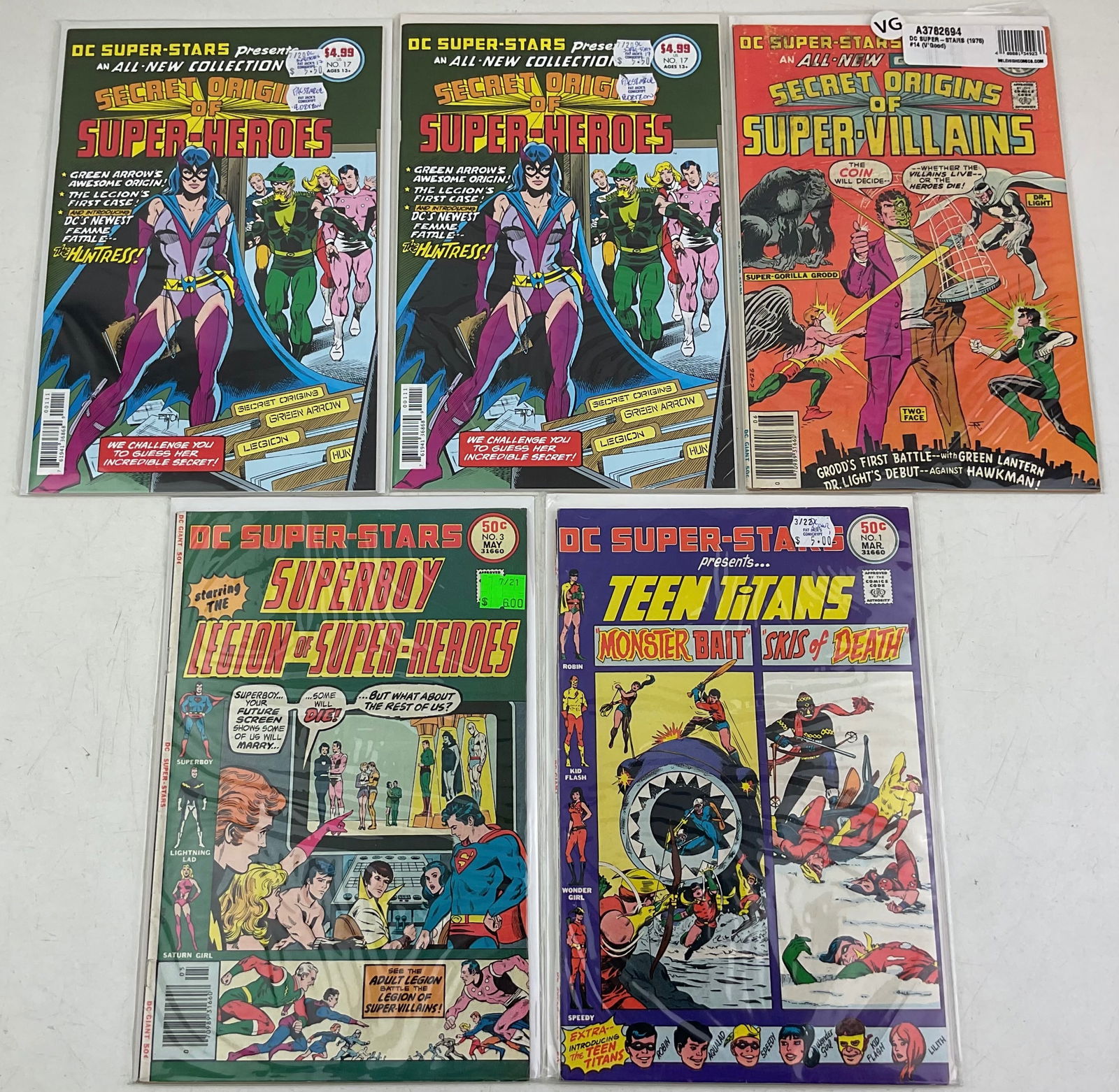 Superstars Comics: (5) DC Superstars Comics including Teen Titans, Superboy, and Secret Origins of Super-Villains. Condition varies.