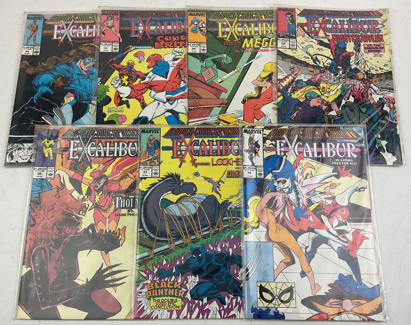 Excalibur Comics: Marvel Comics Excalibur #32-#38. Condition varies.