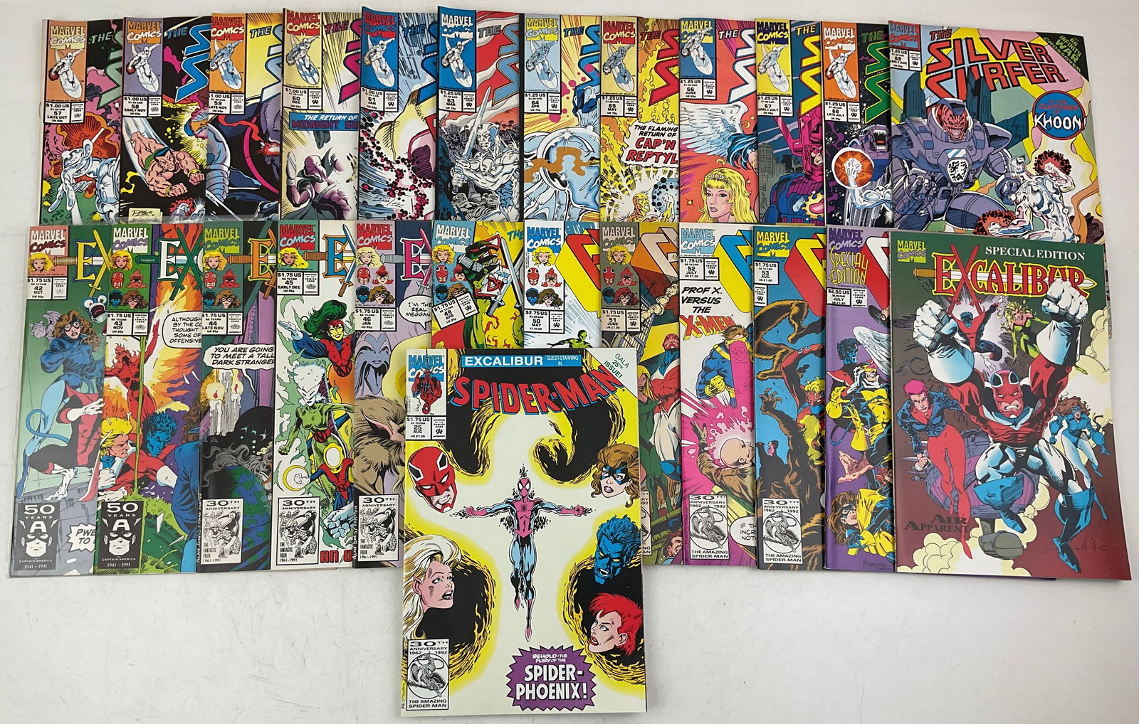 Marvel Comics Assortment: Marvel Excalibur #25, #42-46, #48-53, (2) Excalibur Special Edition Comics, and The Silver Surfer #57-61, and #63-69. Condition varies.