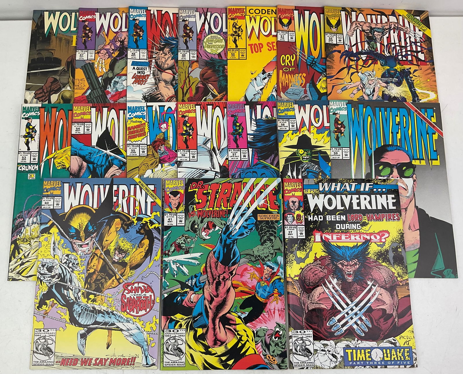 Wolverine Comics: Marvel Comics Wolverine #47-#60, What If... #37, Wolverine Rahne of Terra, and Dr Strange #41. Condition varies.