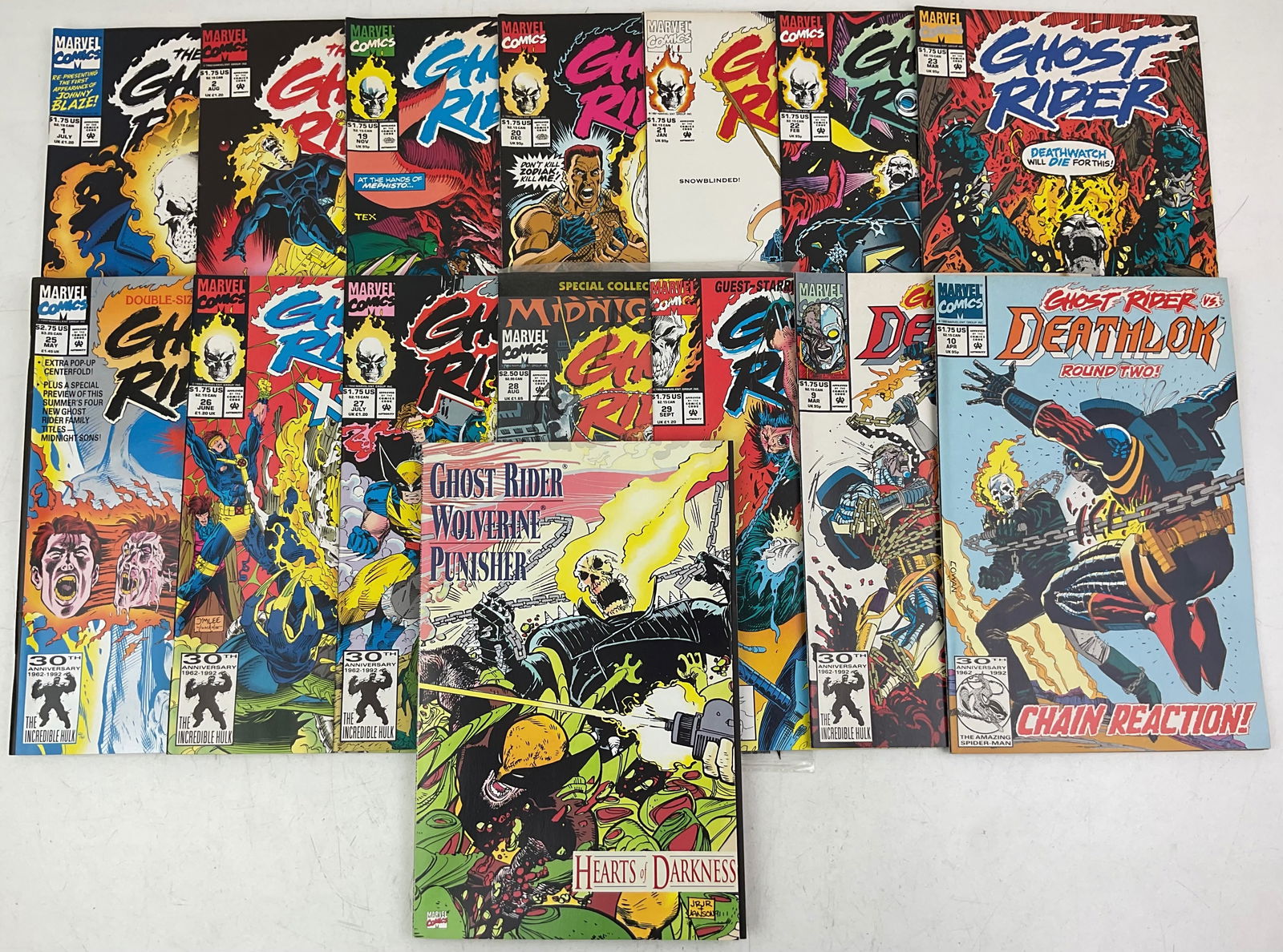 Ghost Rider Comics: (14) assorted Marvel Comics Ghost Rider issues ranging from #1-#29. Hearts of Darkness issue featuring Ghost Rider, Wolverine and Punisher. Condition varies.