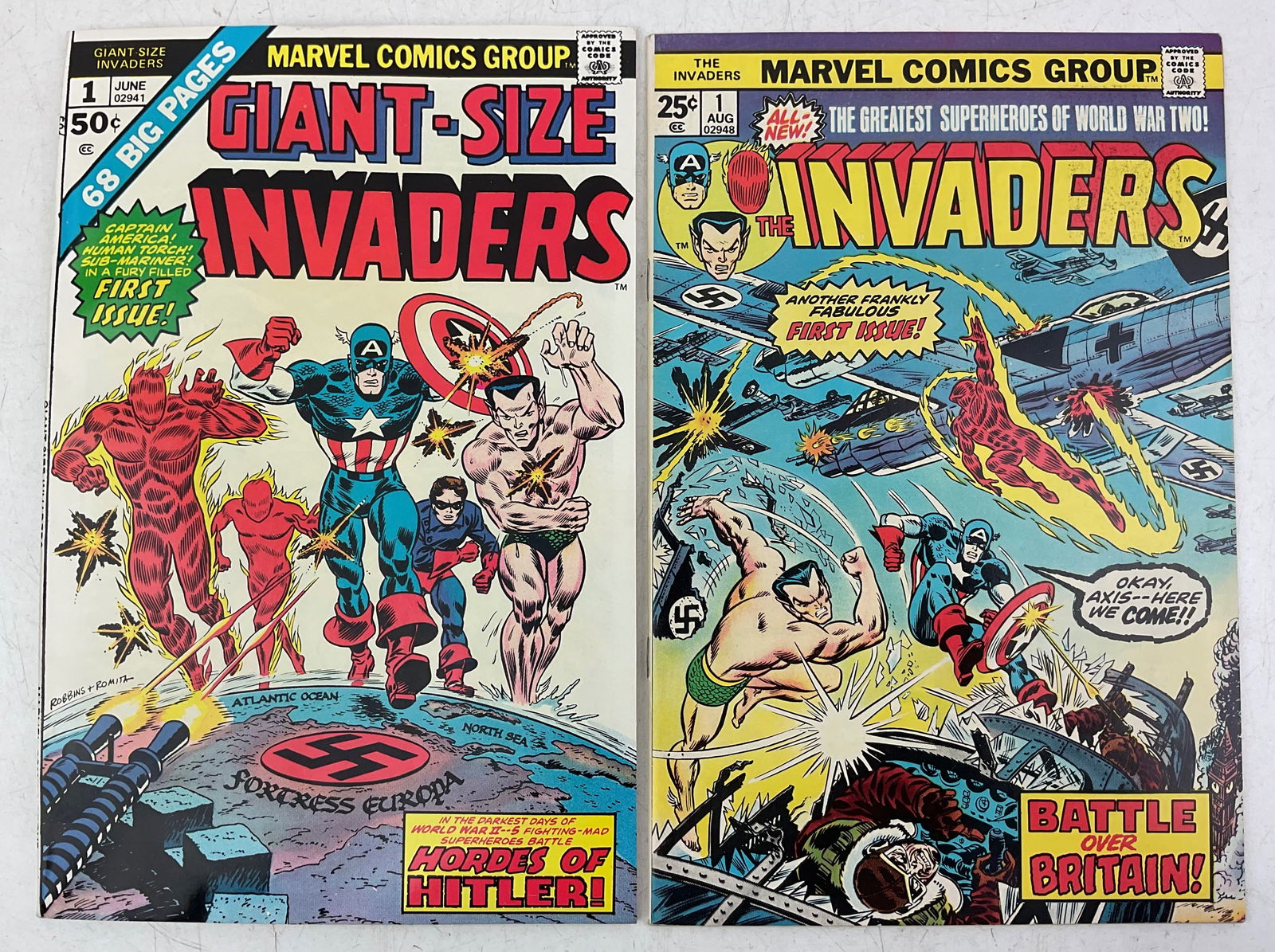 Invaders Comics: Marvel Comics Invaders #1, and Giant Size Invaders #1. Condition varies.