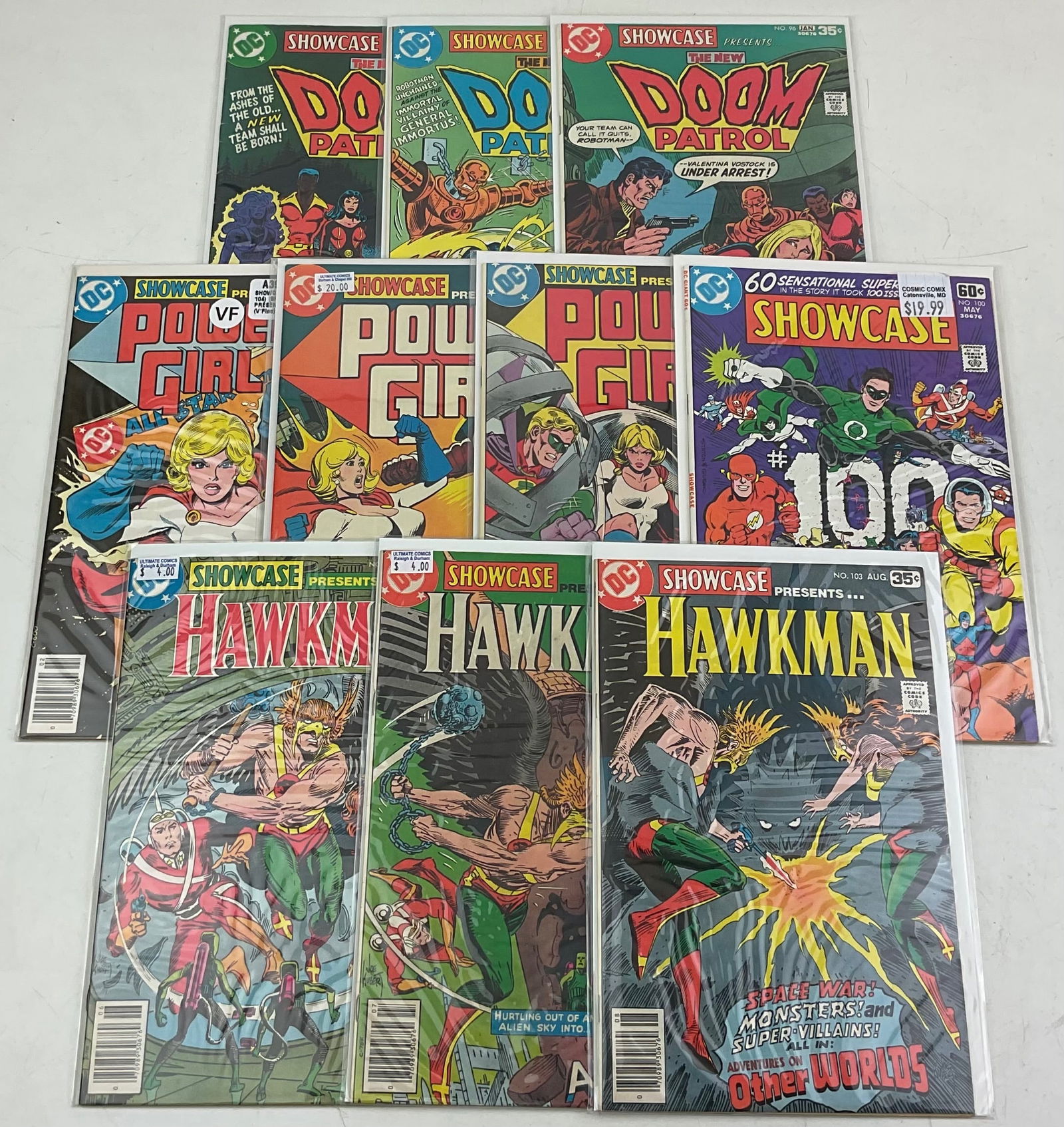 Showcase Comics: (10) assorted DC Showcase Comics including Doom Patrol, Power Girl, and Hawkman. Condition varies.