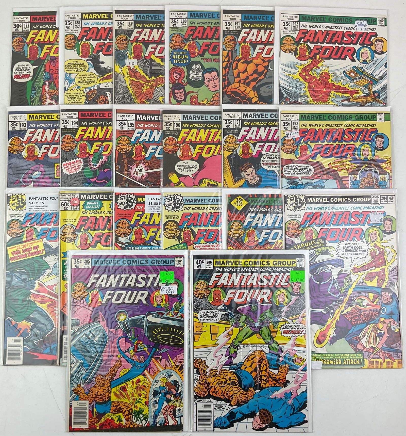 Fantastic Four Comics: (19) assorted Marvel Comics Fantastic Four #187-#206. Condition varies.