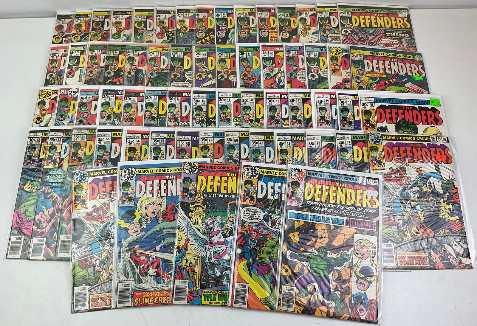 The Defenders Comics: (63) assorted Marvel Comics The Defenders, #s ranging from #3-#68. Condition varies.