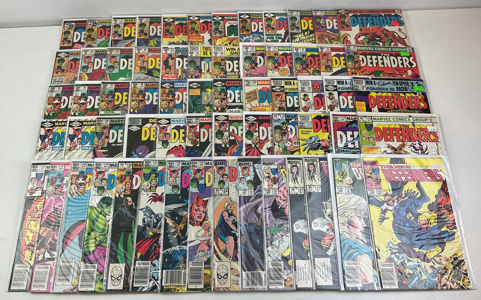 The Defenders Comic Assortment: Assorted Marvel The Defenders comics #69-83, #85-129, with (2) copies of #94, #105, and #127. Condition varies.