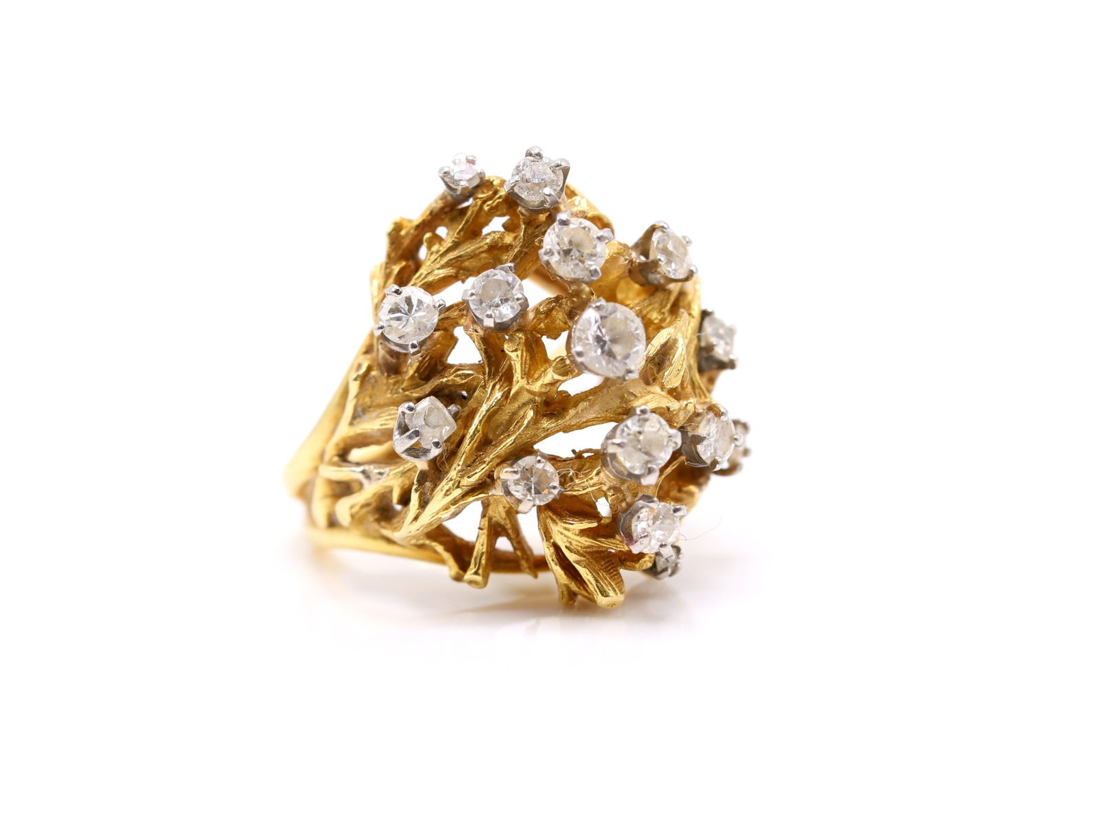 14k YG Diamond Ring: 14k yellow gold cluster ring set with multiple round cut diamonds and one larger non diamond colorless center stone, size 7 and 12.9dwt.
