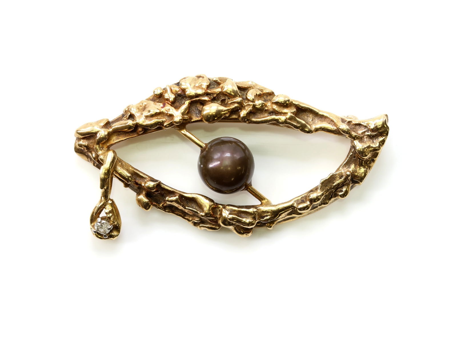 14k YG Tahitian Pearl Pin: 14k yellow gold brooch with naturalistic design set with a Tahitian pearl and diamond accent, 1.75" and 7.7dwt.