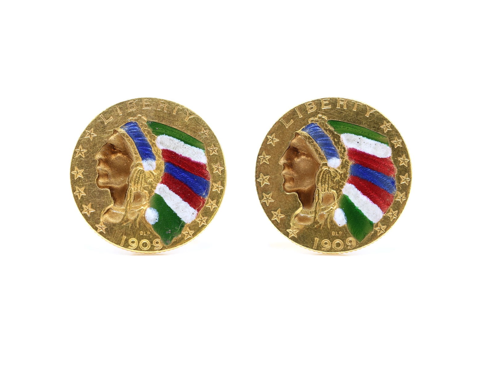 1909 $5 Gold Coin Cufflinks: 1909 $5 gold coin cufflinks with tricolor enamel accents, mounted in 14k yellow gold settings. Total weight 13.2dwt.