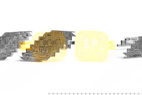 Merrin 18k YG Cufflinks: Merrin 18k yellow gold cufflinks with engraved sailing ship motif, mounted in 14k gold. .5"h and 13.8dwt.