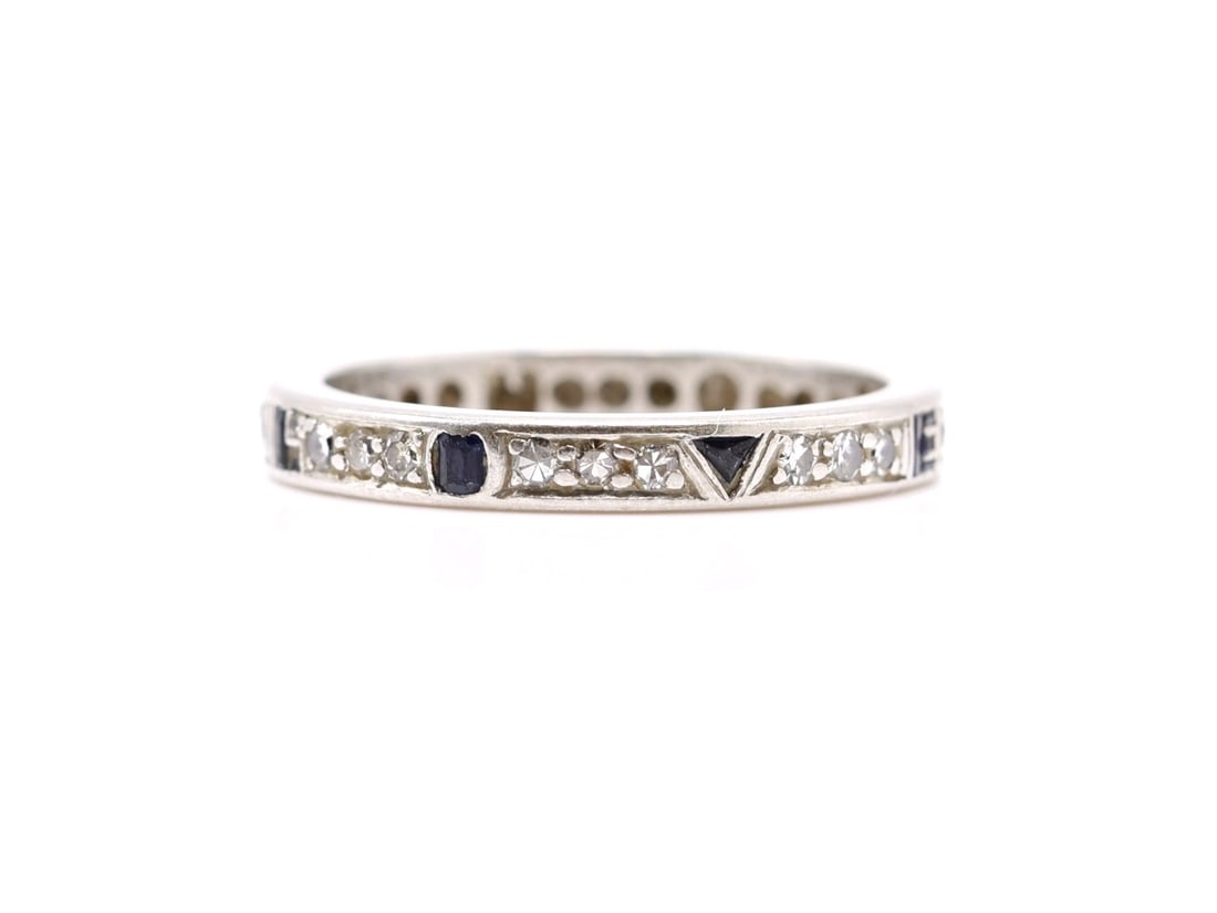 Platinum "I Love You" Diamond Sapphire Ring: Platinum “I Love You” band set with alternating round cut diamonds and sapphires. Size 7.25 and 3.2dwt.