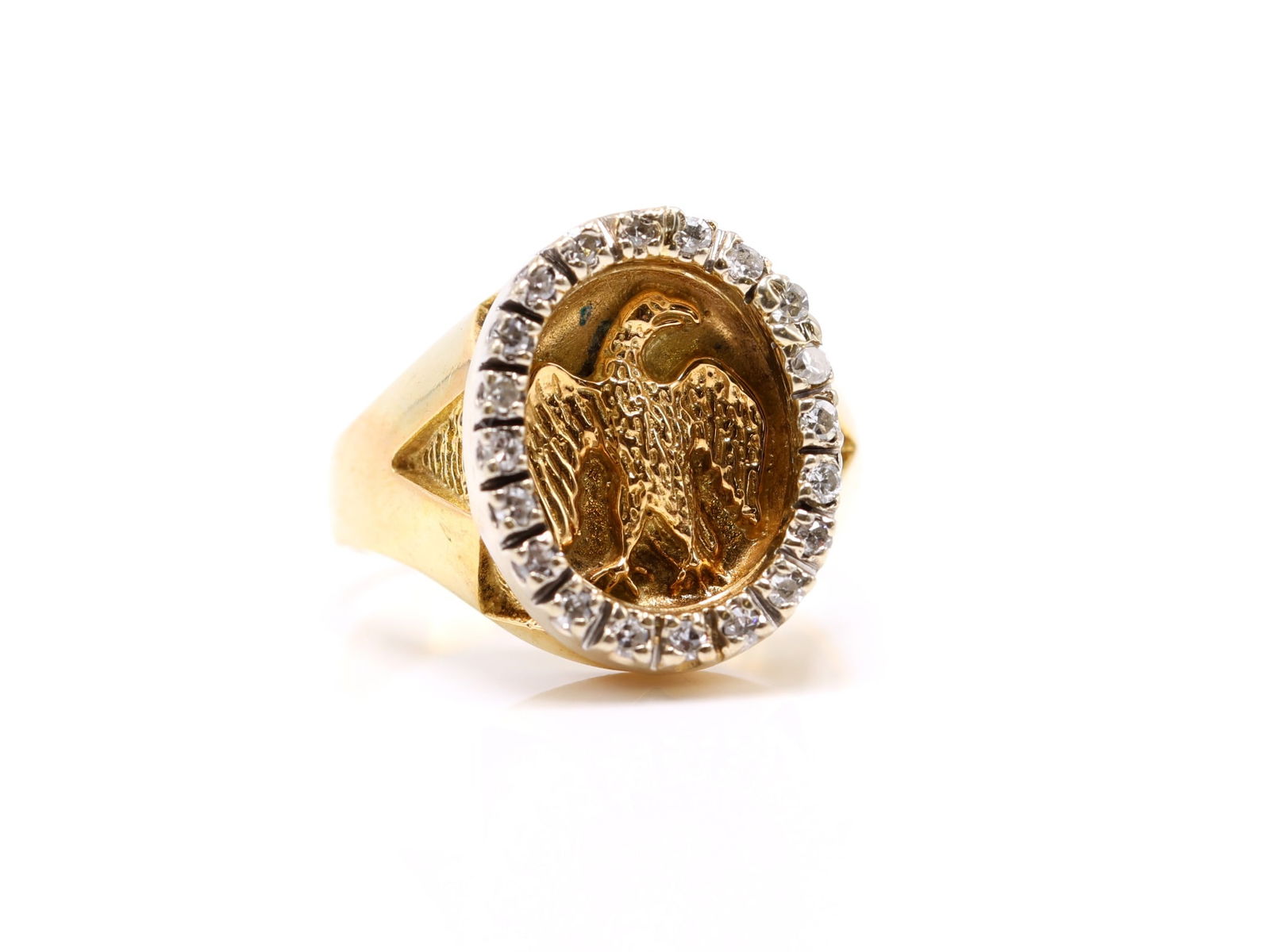 14k YG Diamond Ring: 14k yellow gold English eagle signet ring with diamond halo. Size 9.25 and 7.6dwt.
