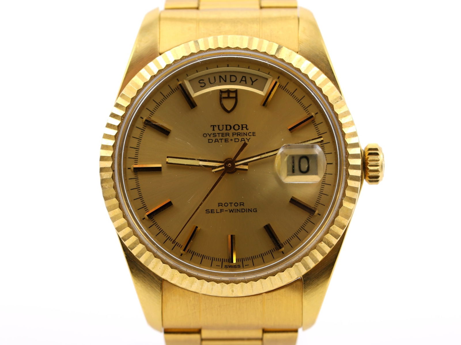 Tudor Oyster Prince Day-Date ref. 7019: Tudor Oyster Prince Day-Date ref. 7019, champagne dial with applied baton markers, day aperture at 12 o’clock and date with cyclops at 3 o’clock, fluted bezel, self winding movement, gold filled b