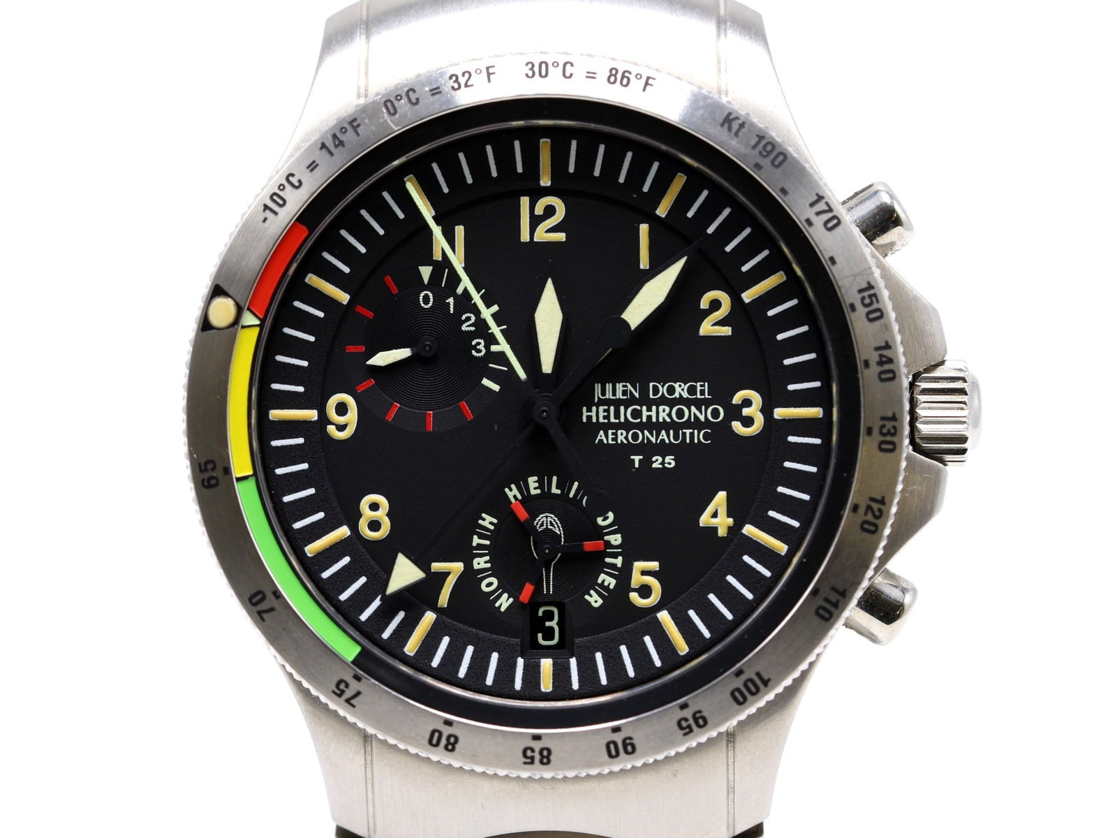 Julien D’Orcel Helichrono Aéronautic Chronograph Wristwatch: Julien D’Orcel Helichrono Aéronautic chronograph wristwatch, stainless steel case with numbered screw down back, matte black dial with luminous Arabic numerals and hands, multi-register