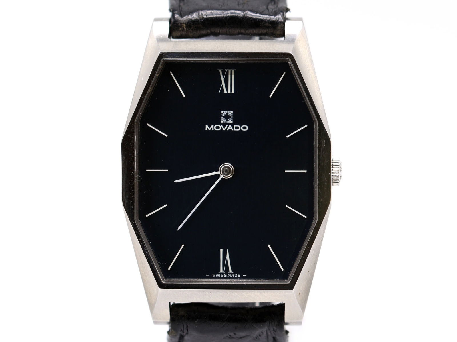 Movado "Tank" Blue Dial Wristwatch, Ref. 01.0640.171: Movado stainless steel manually wound wristwatch, model 01.0640.171, circa 1975, octagonal “Tank” style case measuring approx. 30.5mm, blue dial, fitted with a leather strap; powered by the